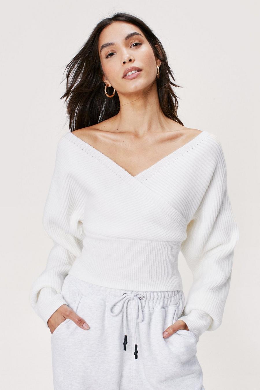 White Ribbed Wrap Front And Back Jumper image number 1