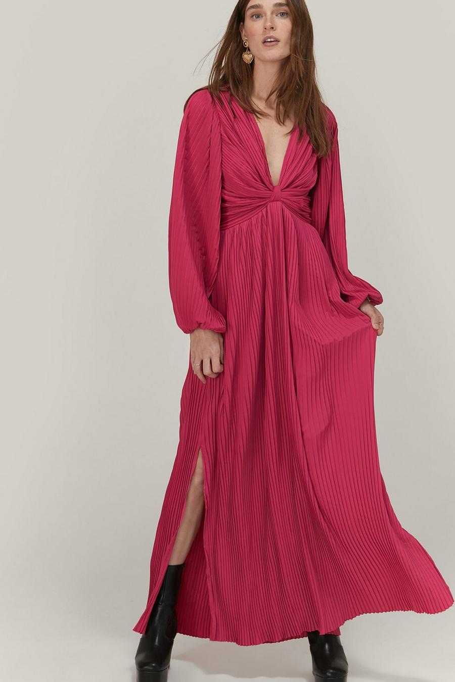 Hot pink Pleated Twist Front Balloon Sleeve Maxi Dress image number 1