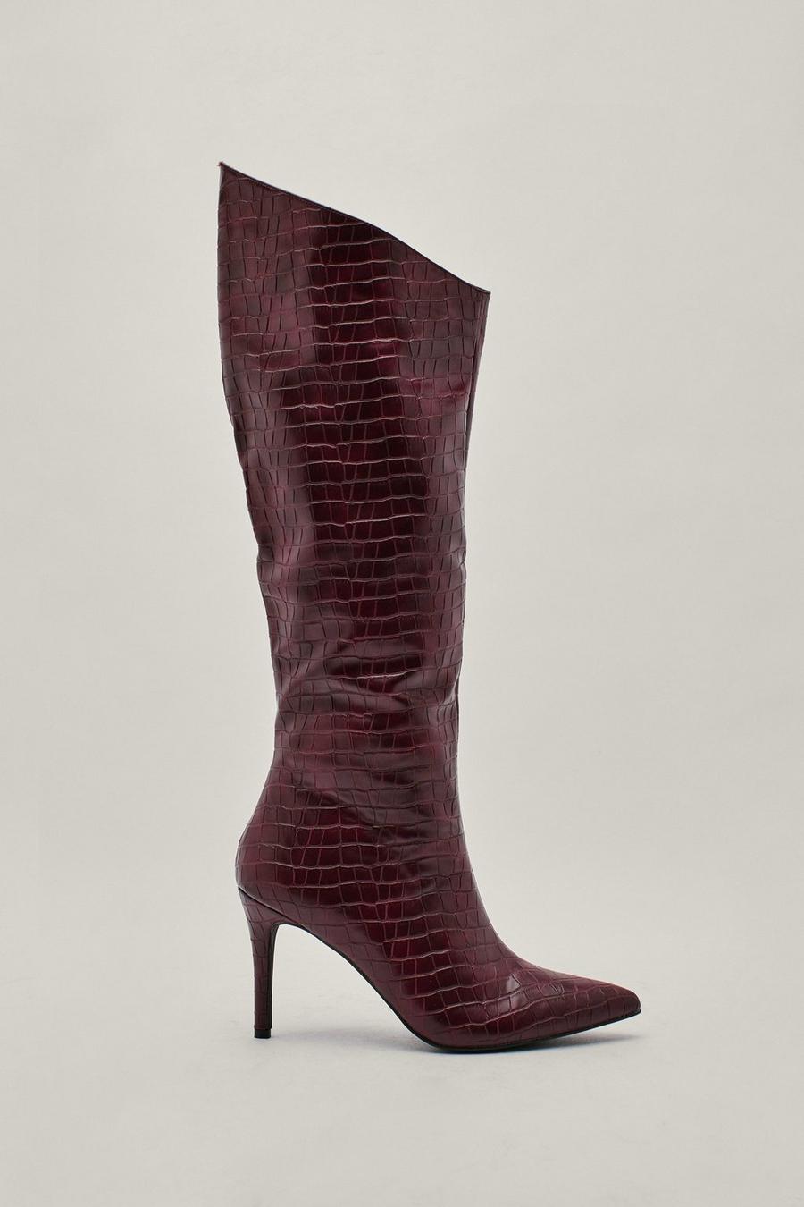 Burgundy red Faux Leather Croc Sloping Knee High Boots image number 1
