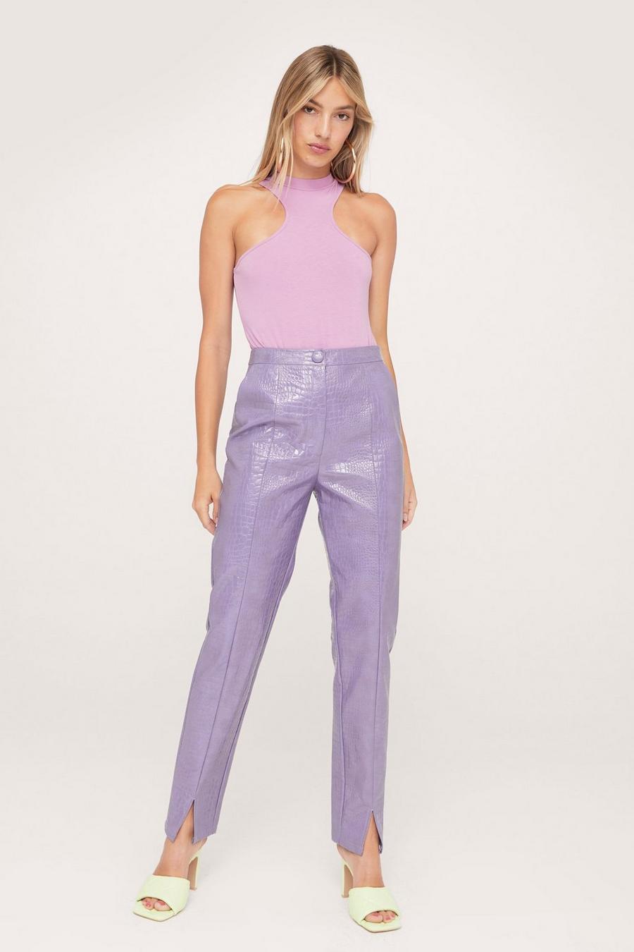 Lilac purple Faux Leather Croc Embossed Straight Leg Trousers image number 1