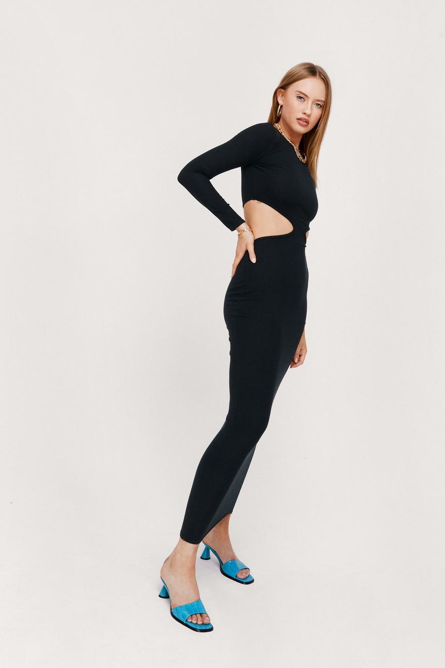 Black Ribbed Cut Out Long Sleeve Maxi Dress image number 1