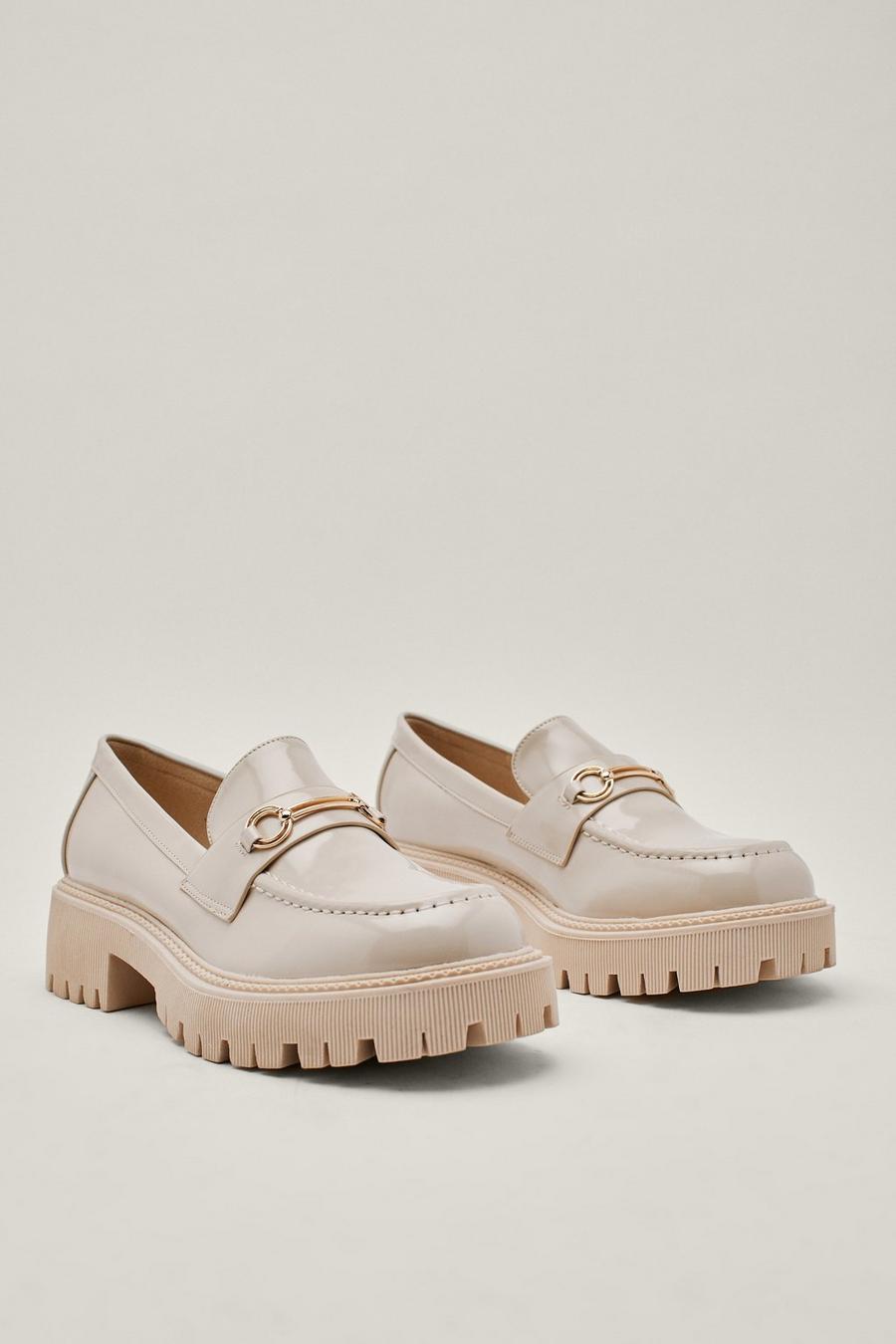 Beige Buckle Detail Chunky Patent Faux Leather Loafer