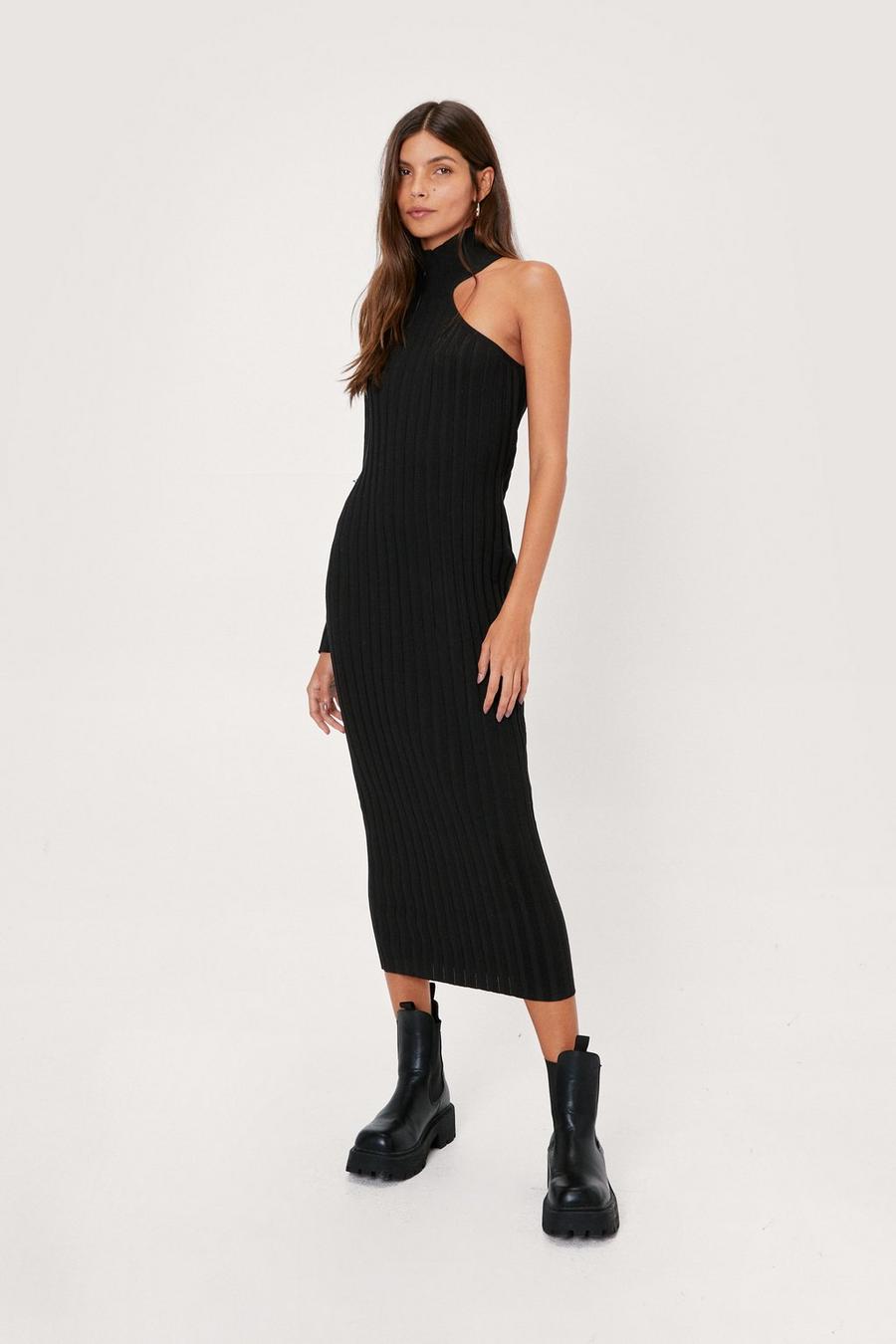 Black One Shoulder Wide Ribbed Knitted Midi Dress image number 1
