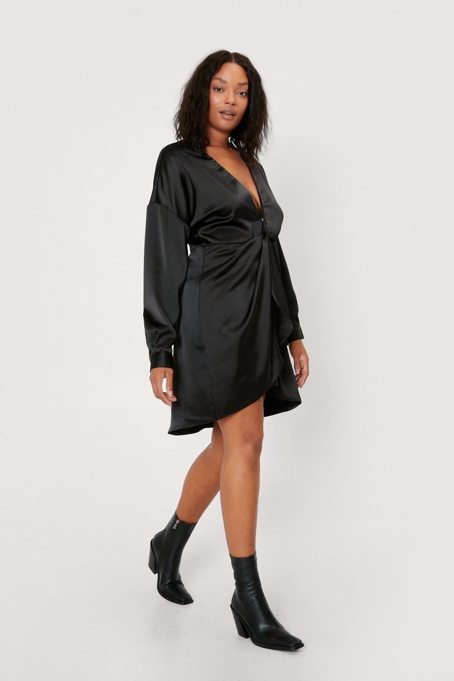 Black Plus Size Twist Front Satin Mini Dress image number 1