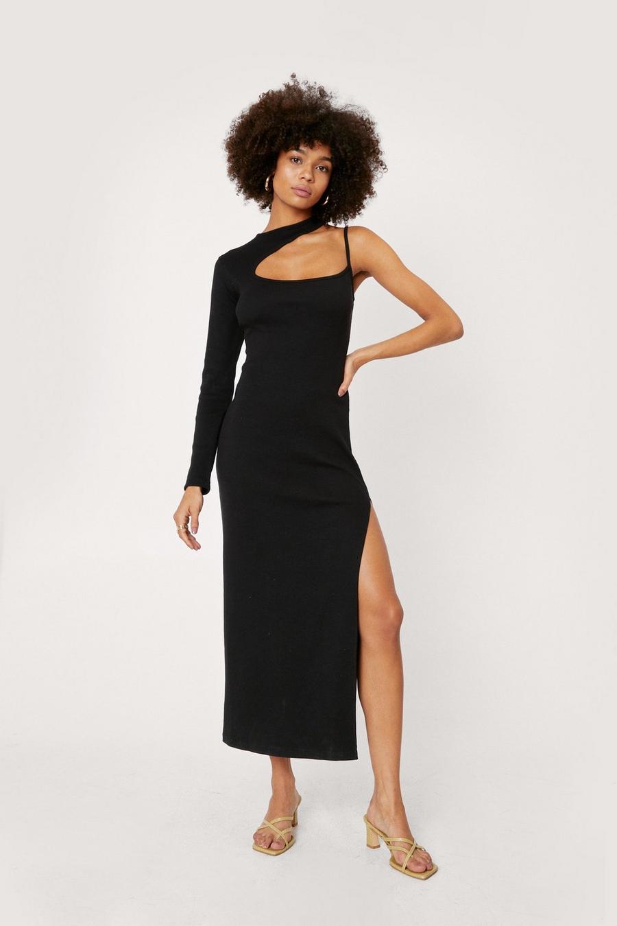 Black Ribbed Cut Out Neckline Bodycon Midaxi Dress image number 1