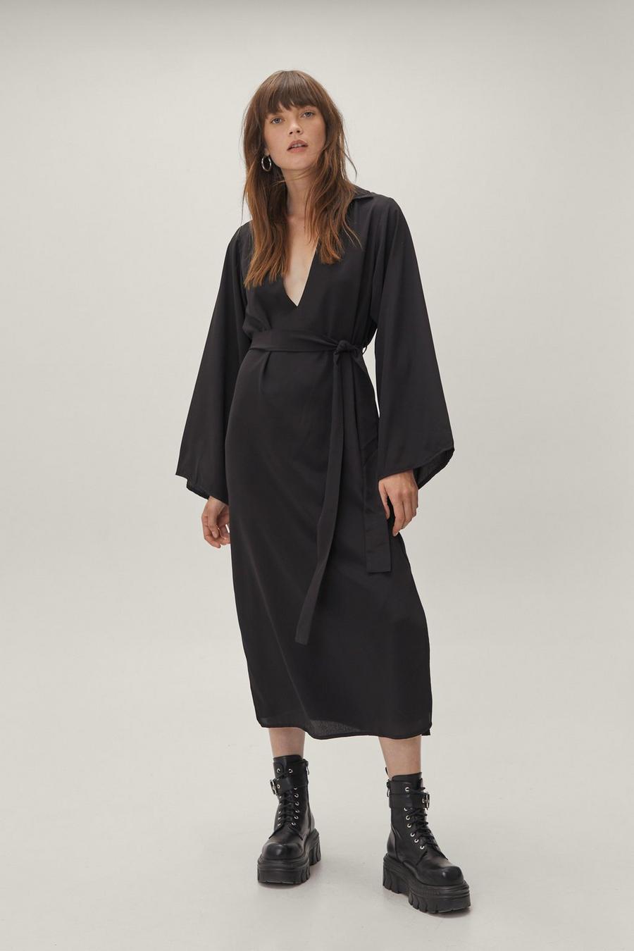 Collared Plunging Belted Midi Shirt Dress image number 1