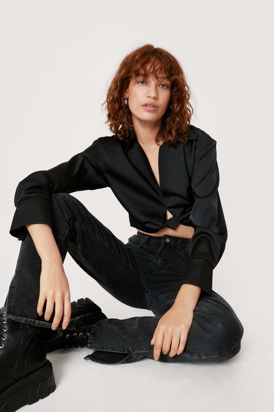 Black Satin Wrap Front Cropped Collared Shirt image number 1