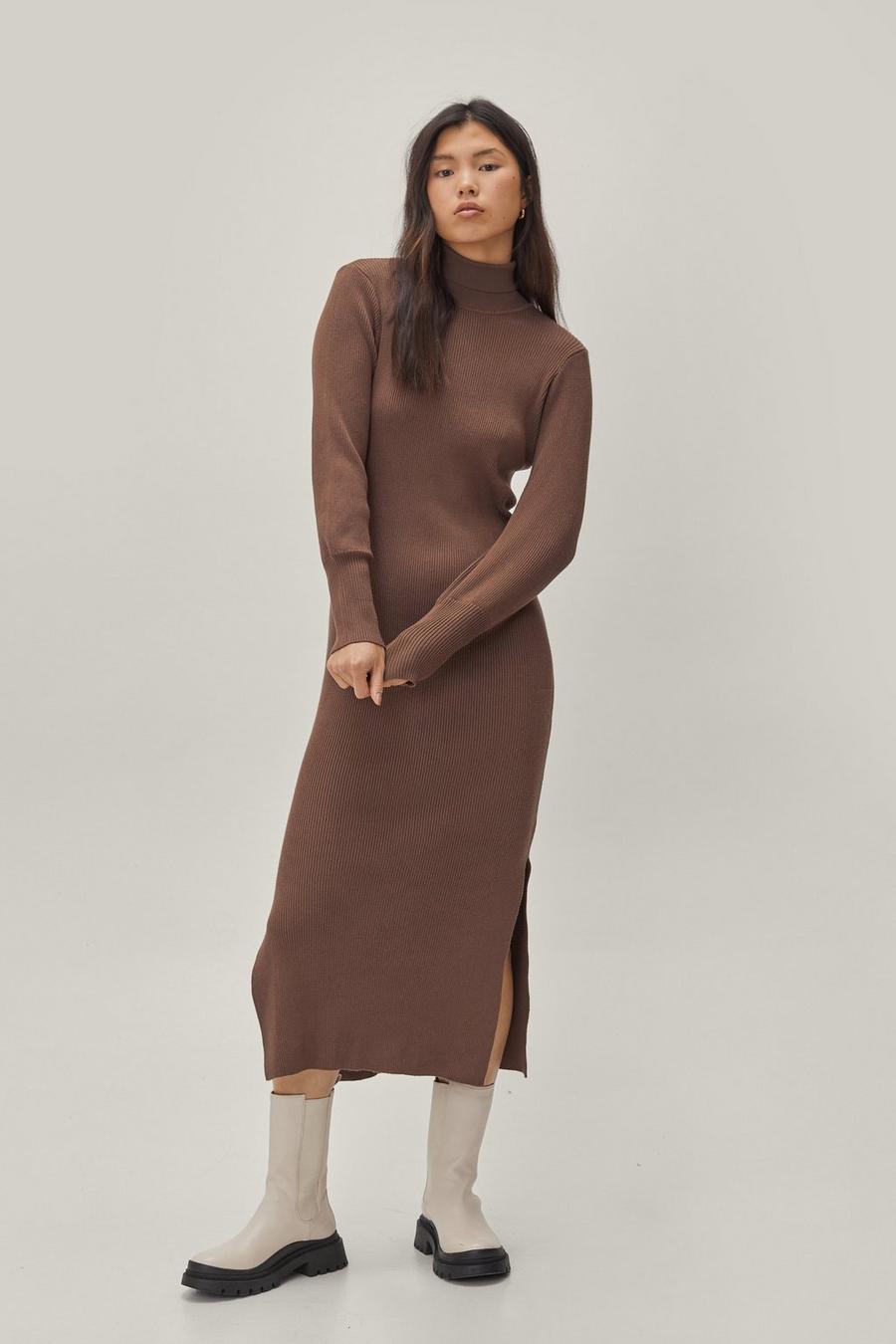 Chocolate brown Roll Neck Balloon Sleeve Knitted Midi Dress image number 1