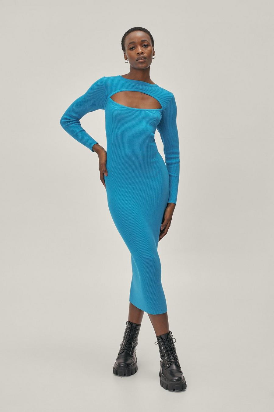 Bright blue Cut Out 2 In 1 Knitted Top and Midi Dress image number 1