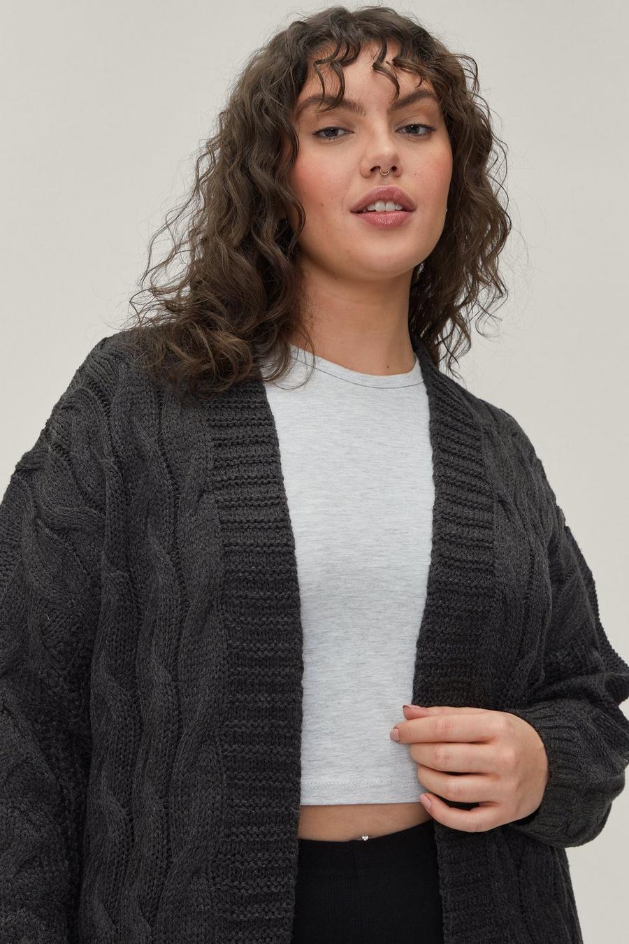 Charcoal Plus Size Chunky Cable Knit Longline Cardigan image number 1