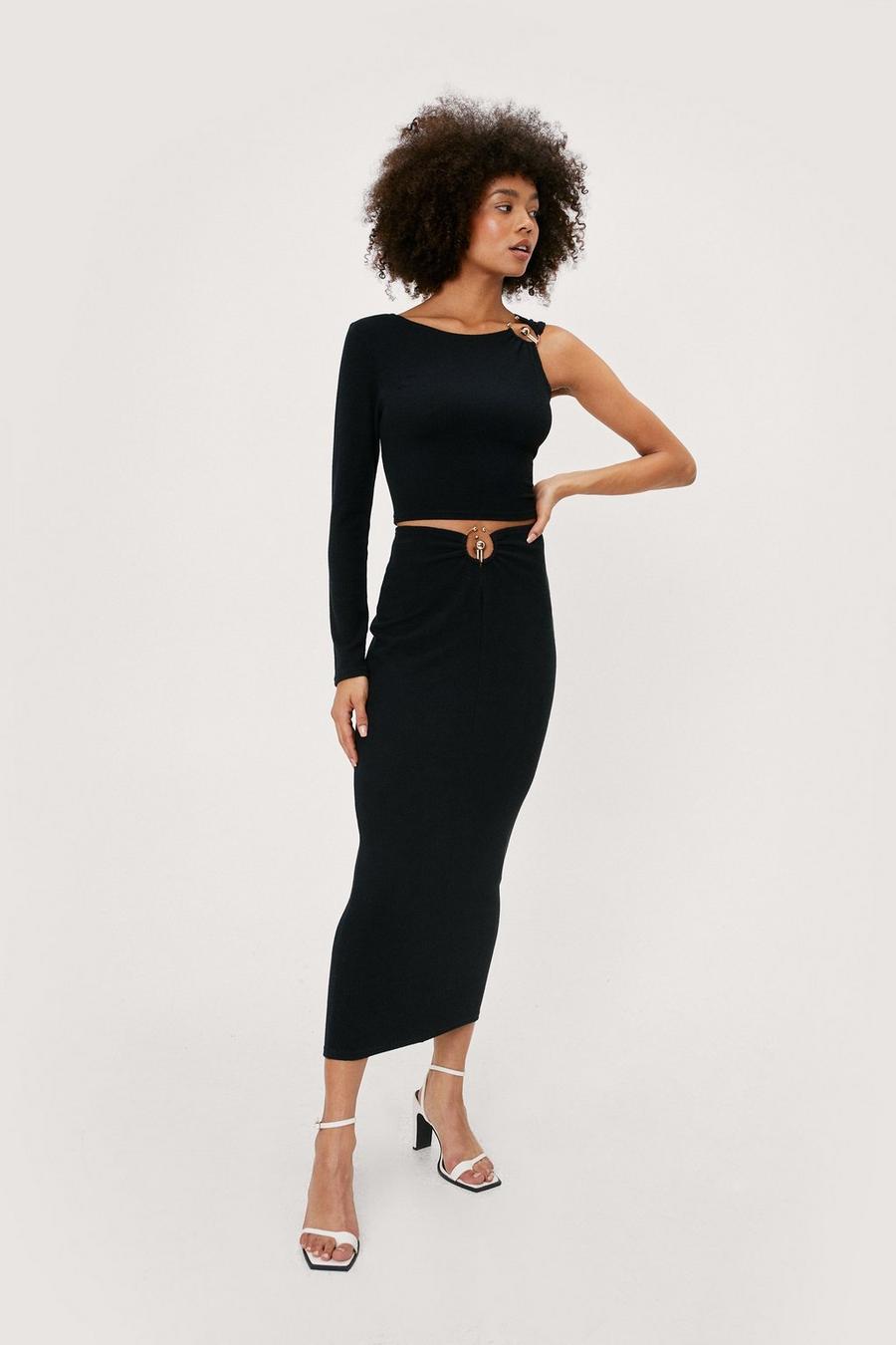 Black Ring Detail One Sleeve Top And Midi Skirt Set image number 1