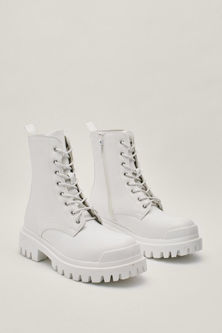 White Faux Leather Cleated Biker Boots image number 1