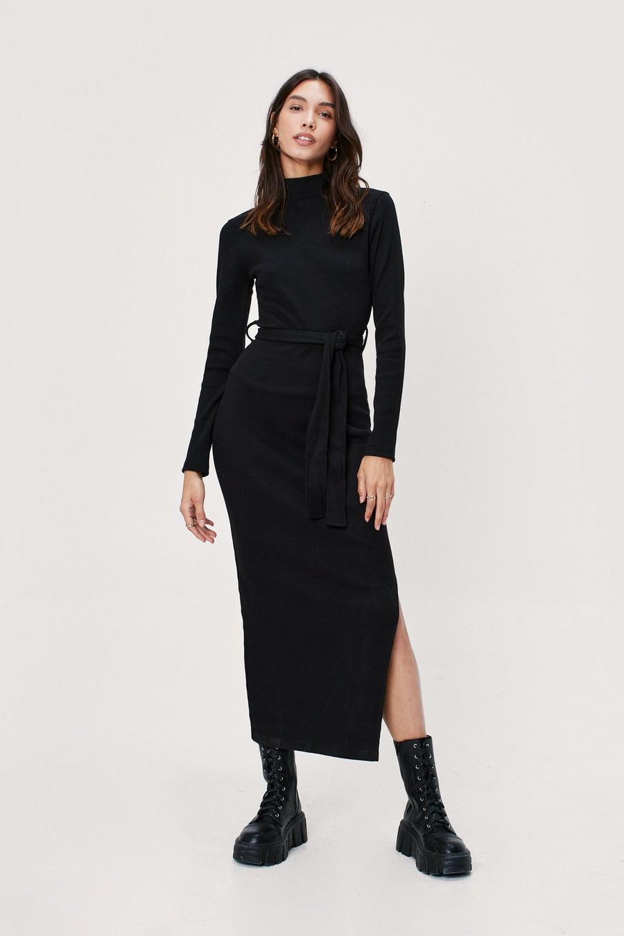 Black Ribbed High Neck Belted Bodycon Midaxi Dress image number 1