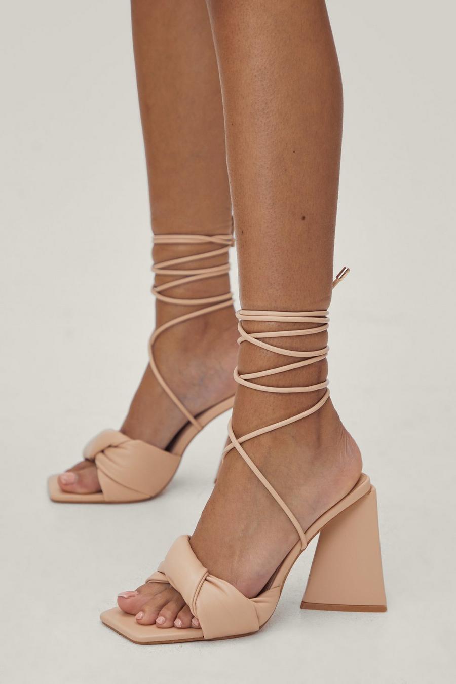 Beige Faux Leather Strappy Flared Heels image number 1