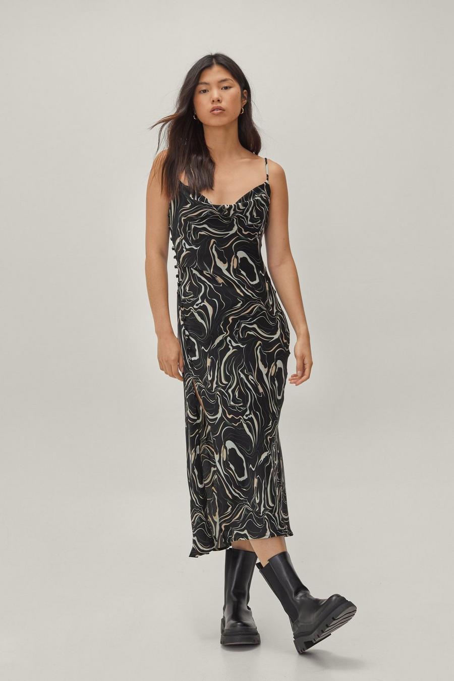 Black Marble Button Down Cowl Front Midi Slip Dress image number 1