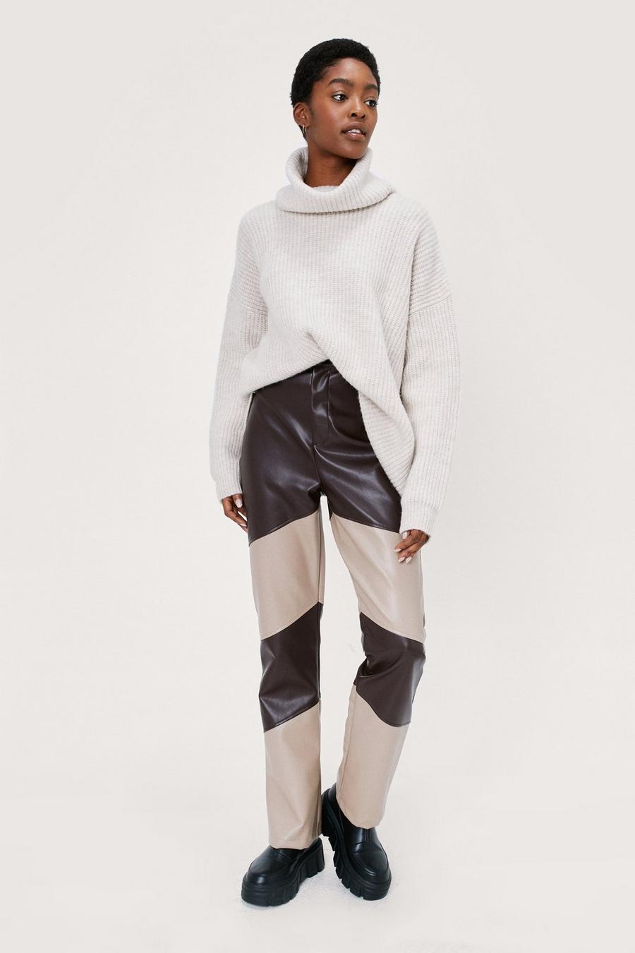 Taupe Colour Block Faux Leather Flared Trousers image number 1
