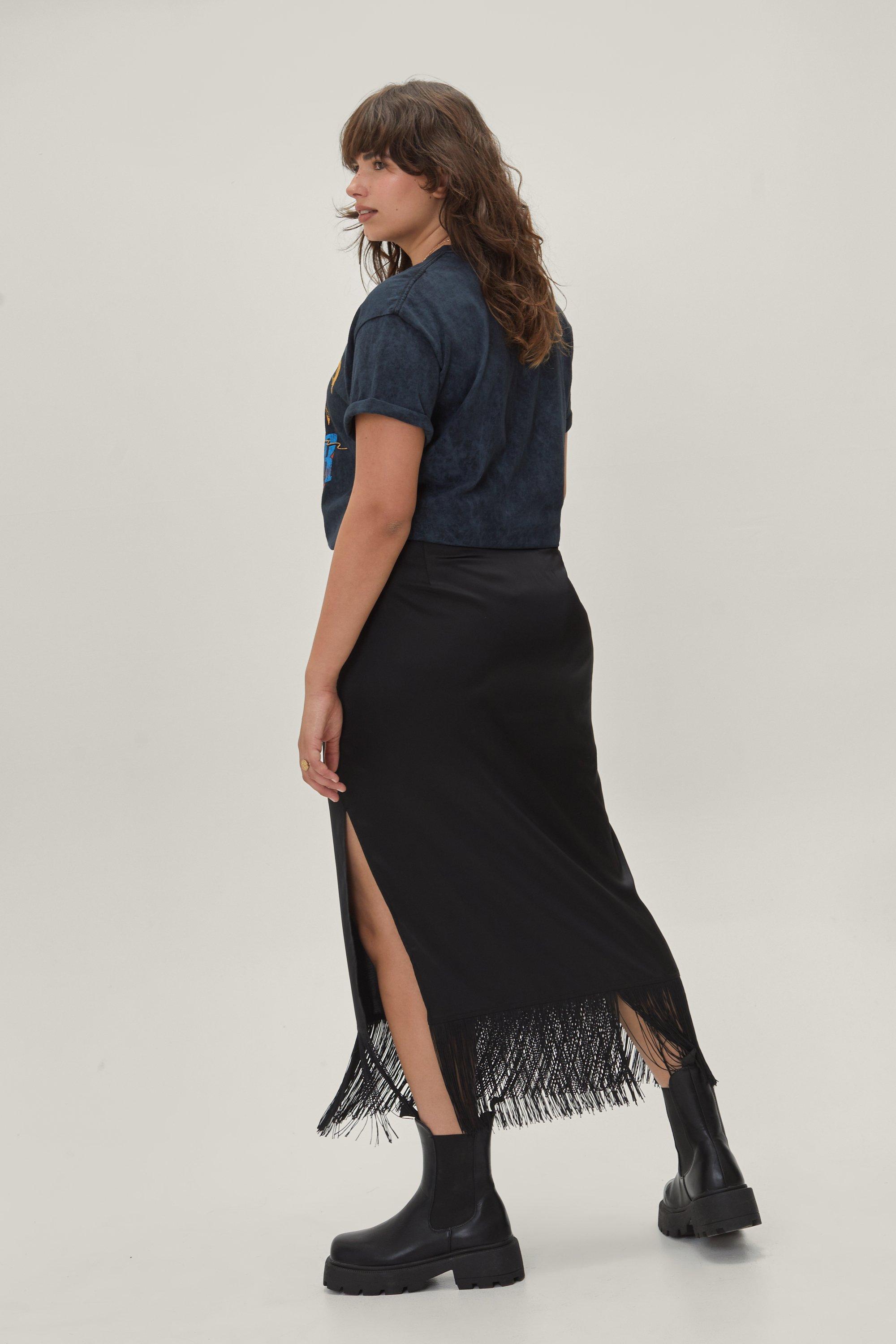 Plus Size Satin Fringe Hem Maxi Skirt