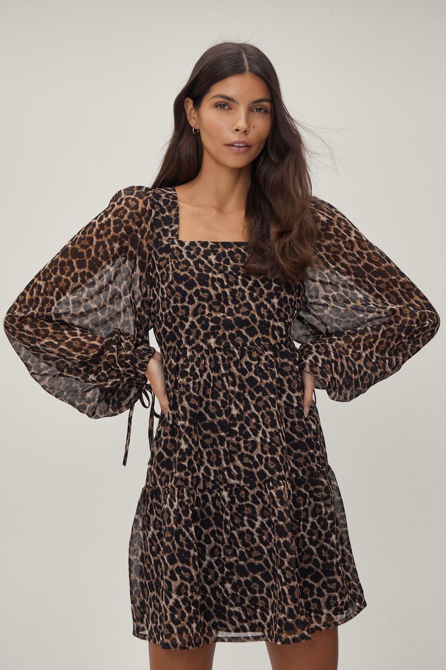 Brown Batwing Leopard Print Mini Smock Dress image number 1