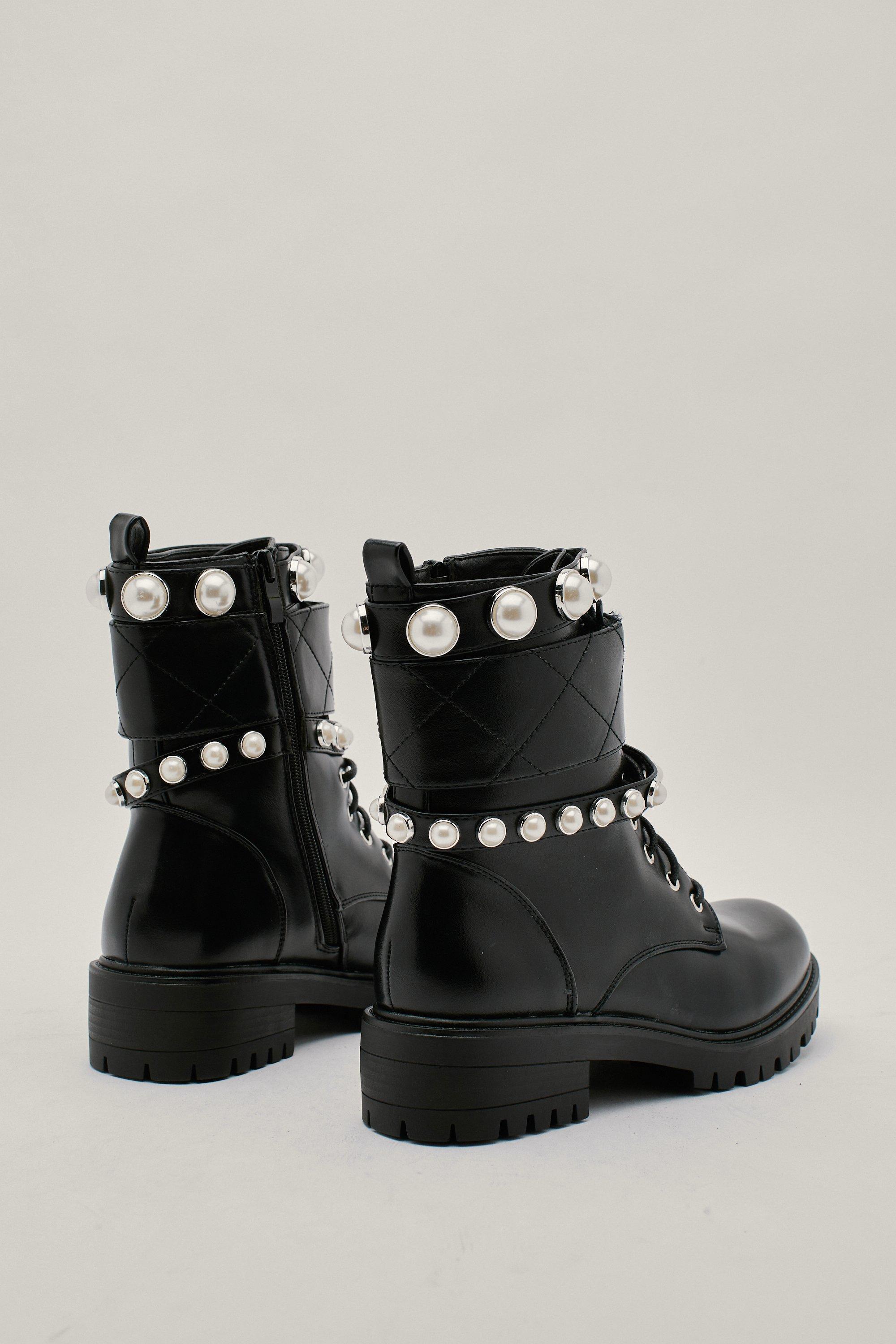 Black boots with pearls on heel best sale