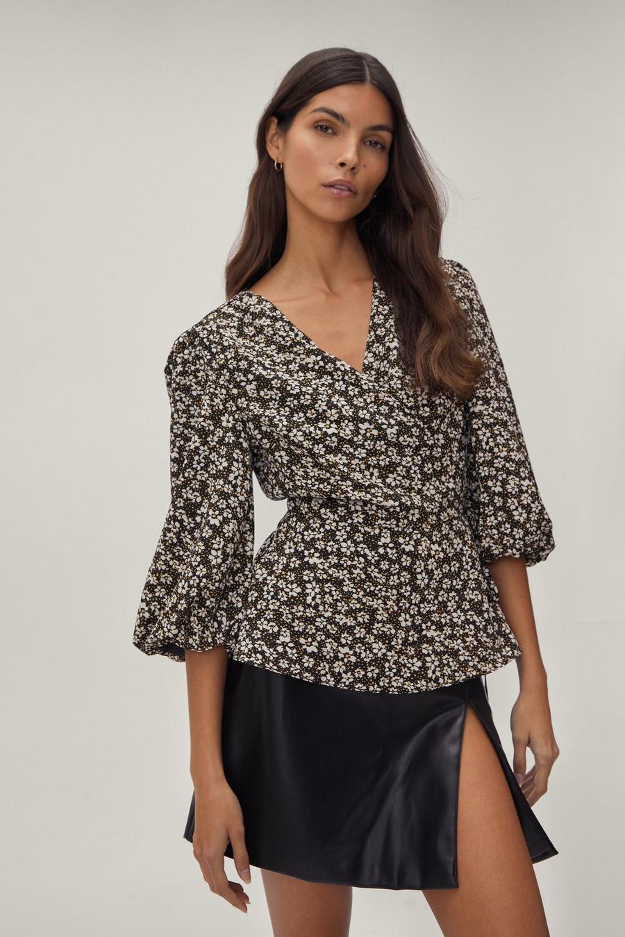 Puff Sleeve Wrap Tie Side Blouse image number 1