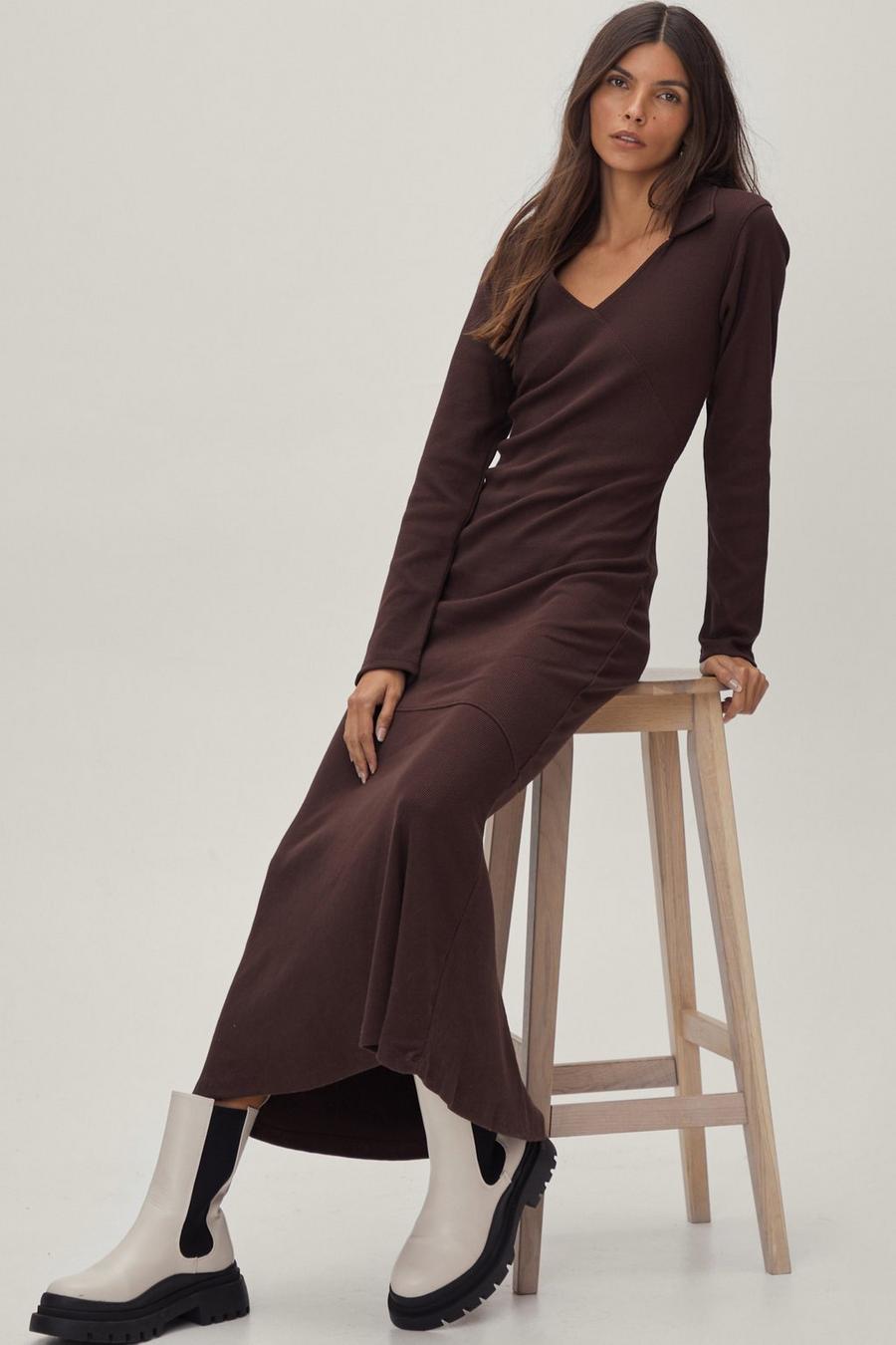 Chocolate brown Ribbed Flounce Collared Maxi Dress image number 1