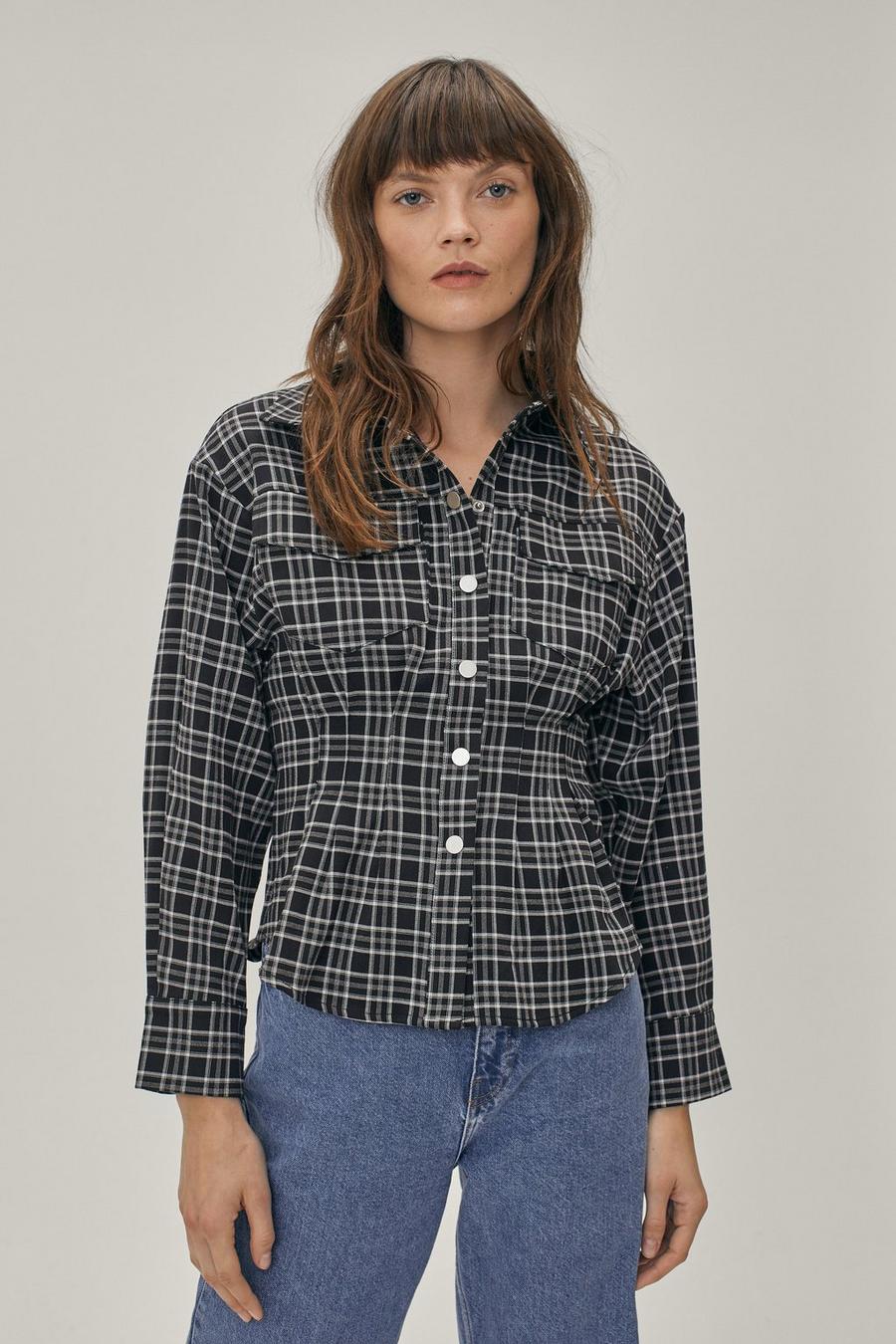 Black Check Print Cinched Waist Button Down Shirt image number 1