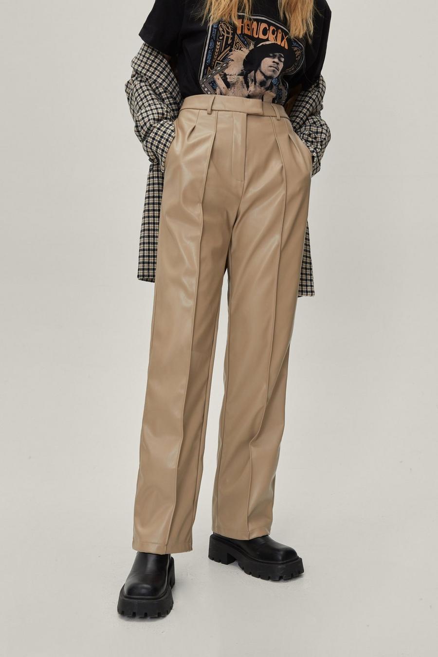 Light stone Faux Leather Straight Leg Pleated Trousers image number 1