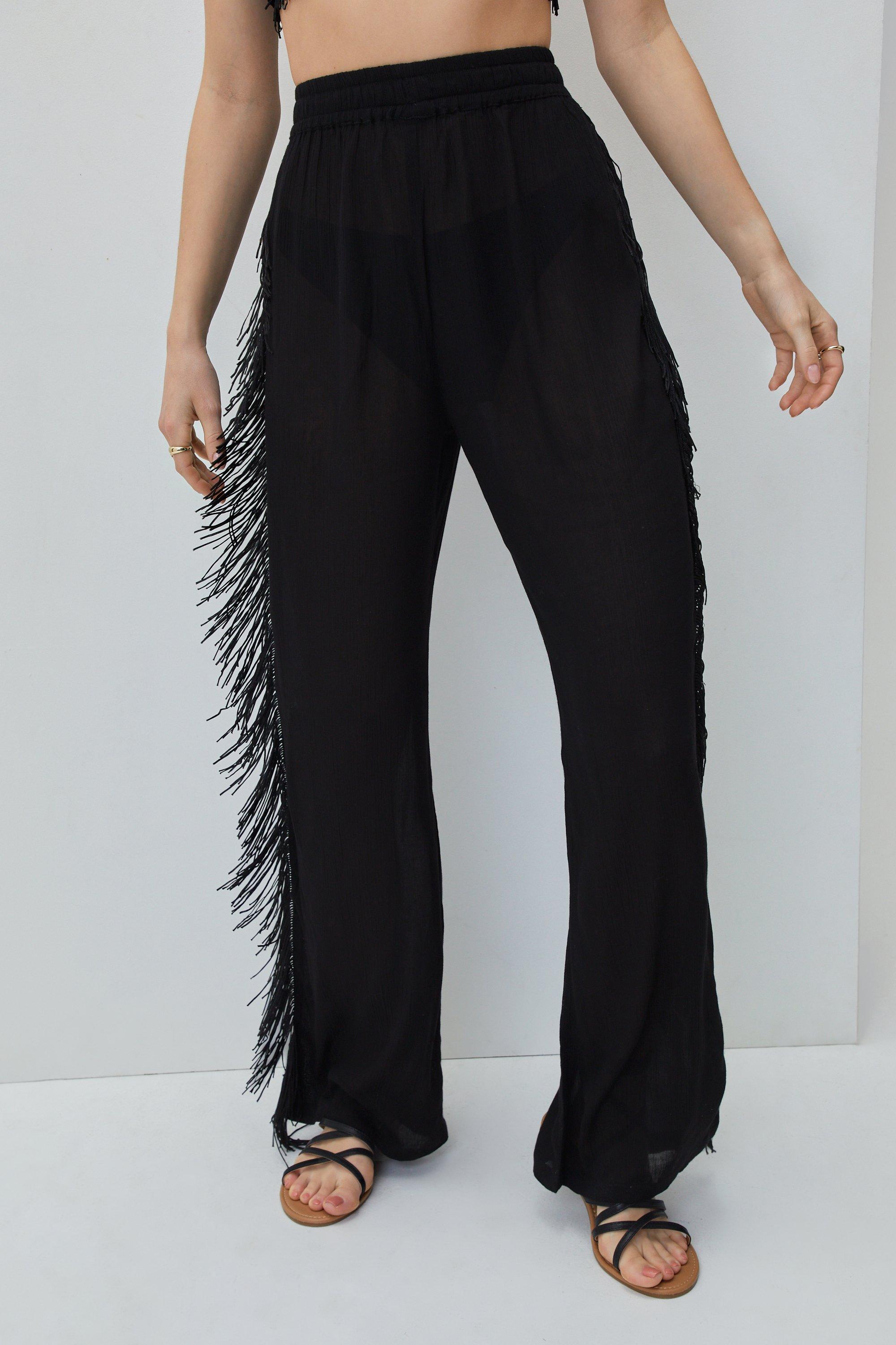 Women's Wide Leg Fringe Trim High Waisted Trousers