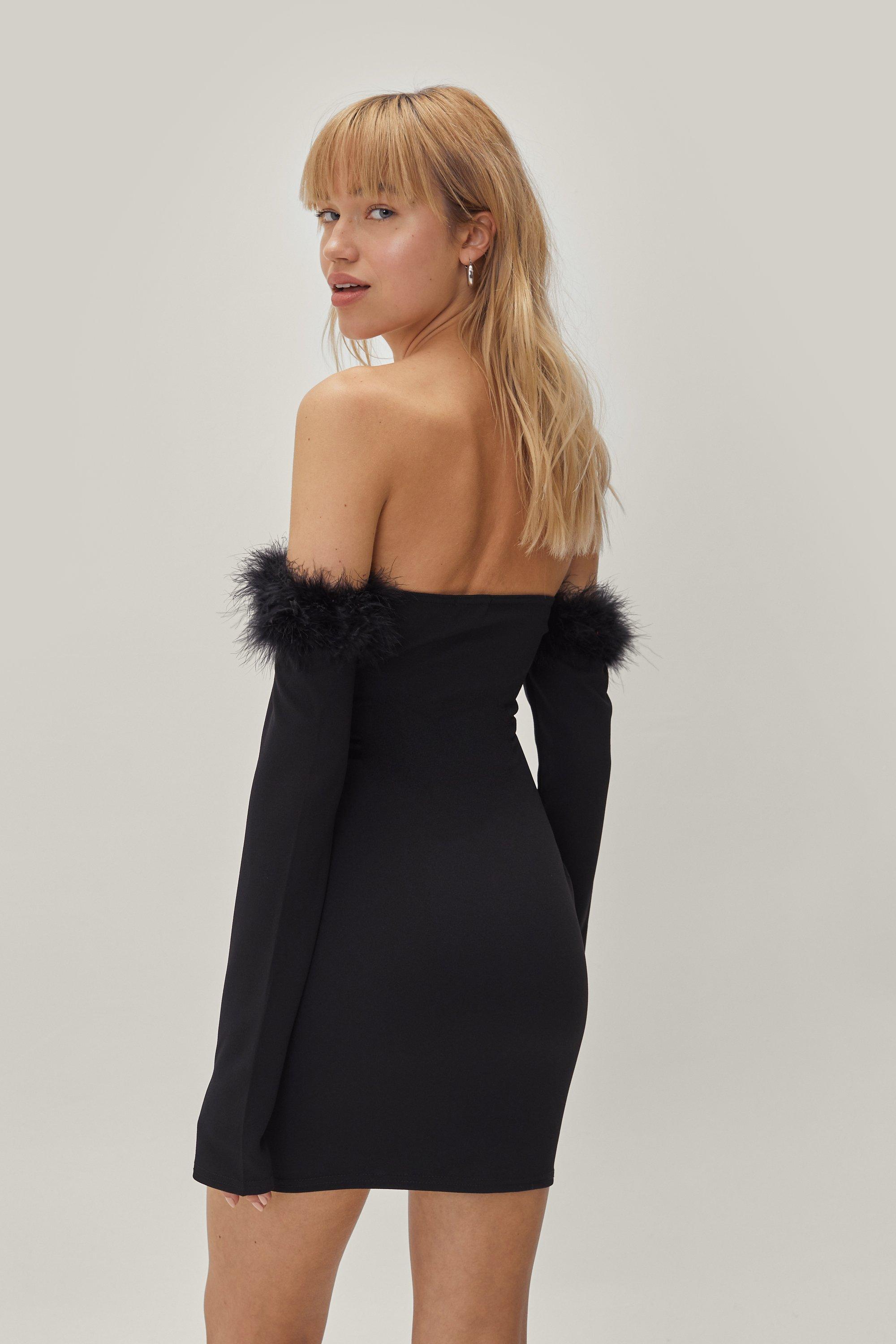 Black feather shop trim mini dress