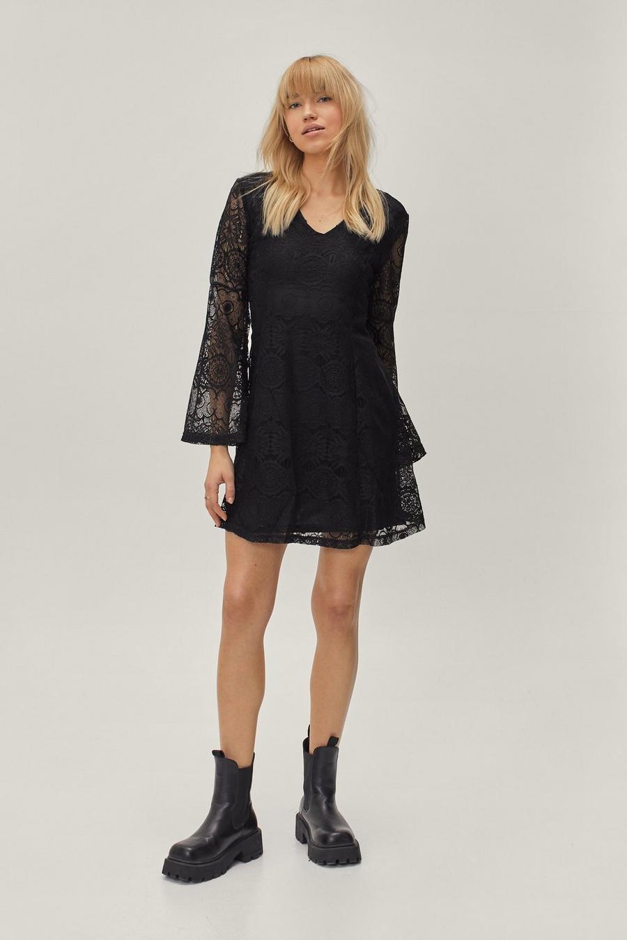 Black Lace Flared Sleeve Mini Dress image number 1