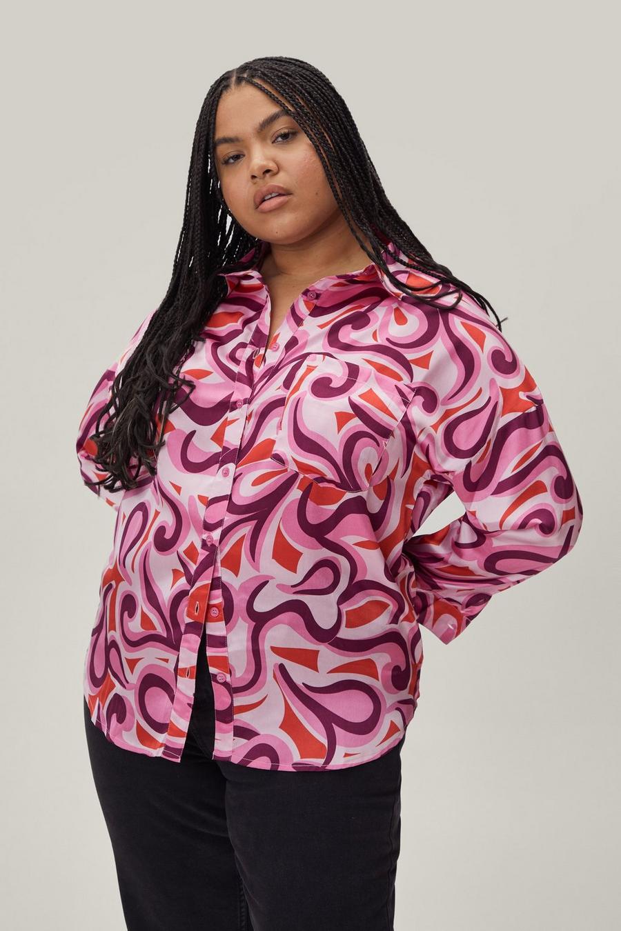 Plus Size Pink Abstract Satin Shirt image number 1