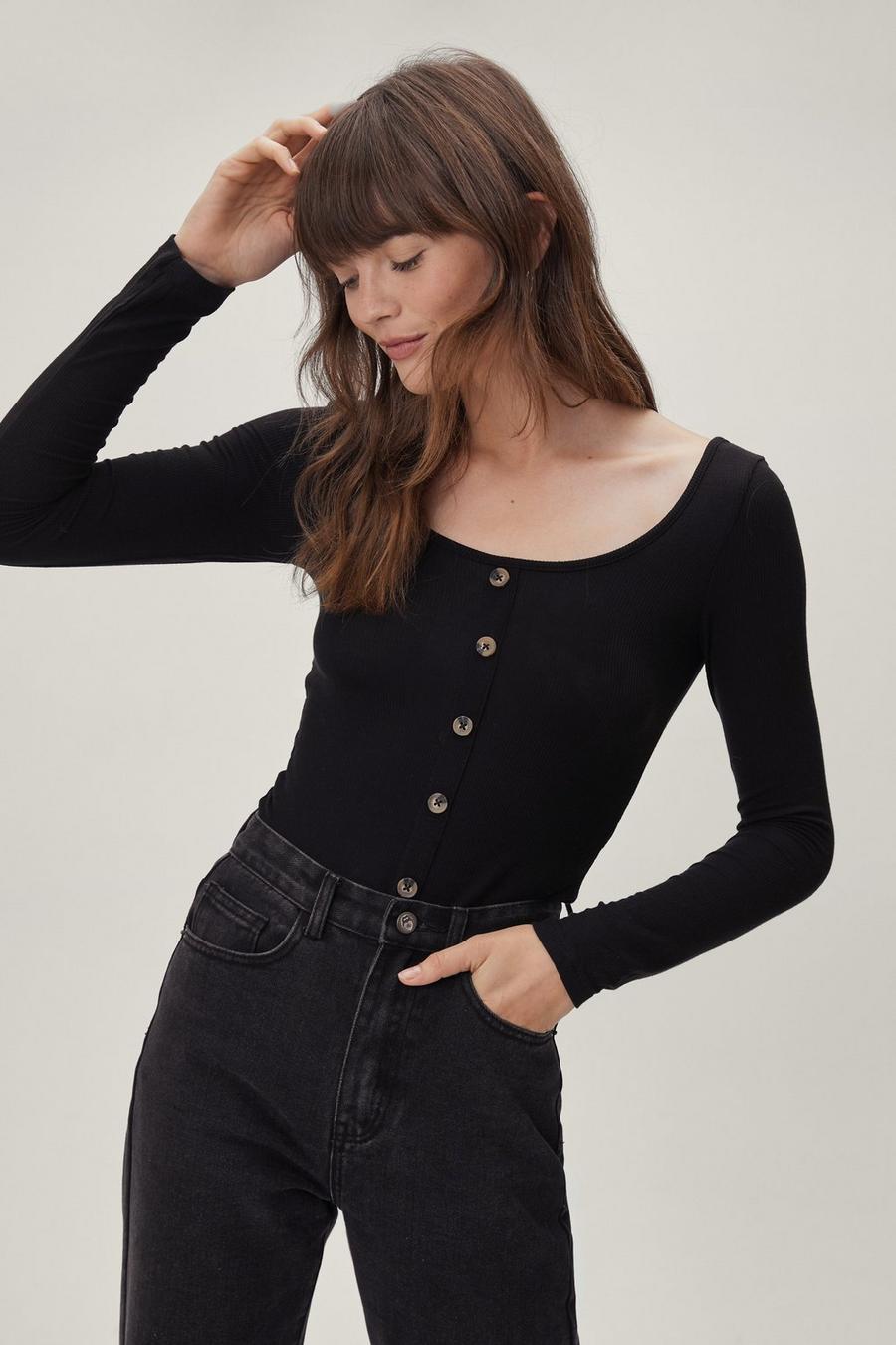Black Button Detail Long Sleeve Top image number 1