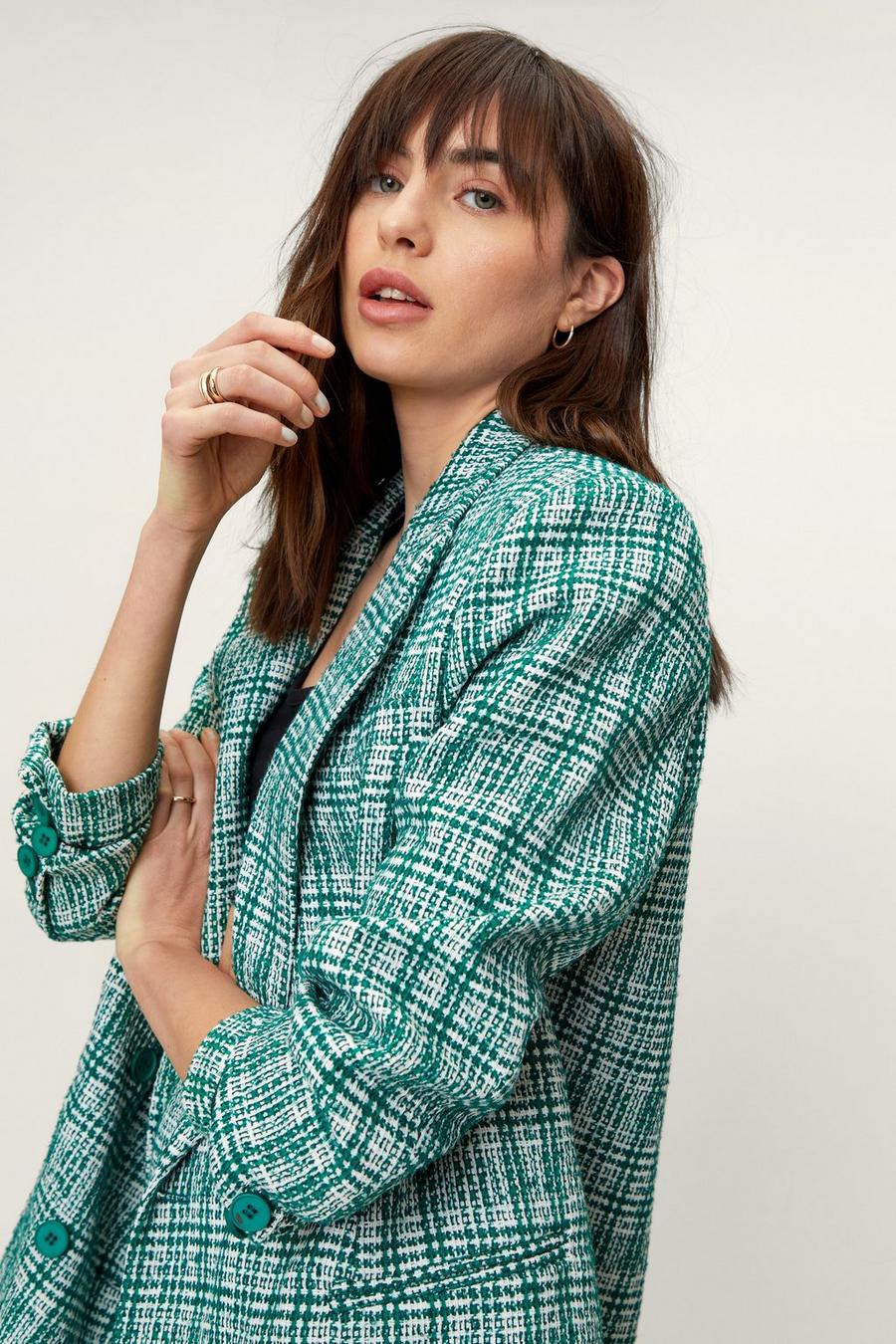 Bottle green Check Boucle Double Breasted Oversized Blazer image number 1