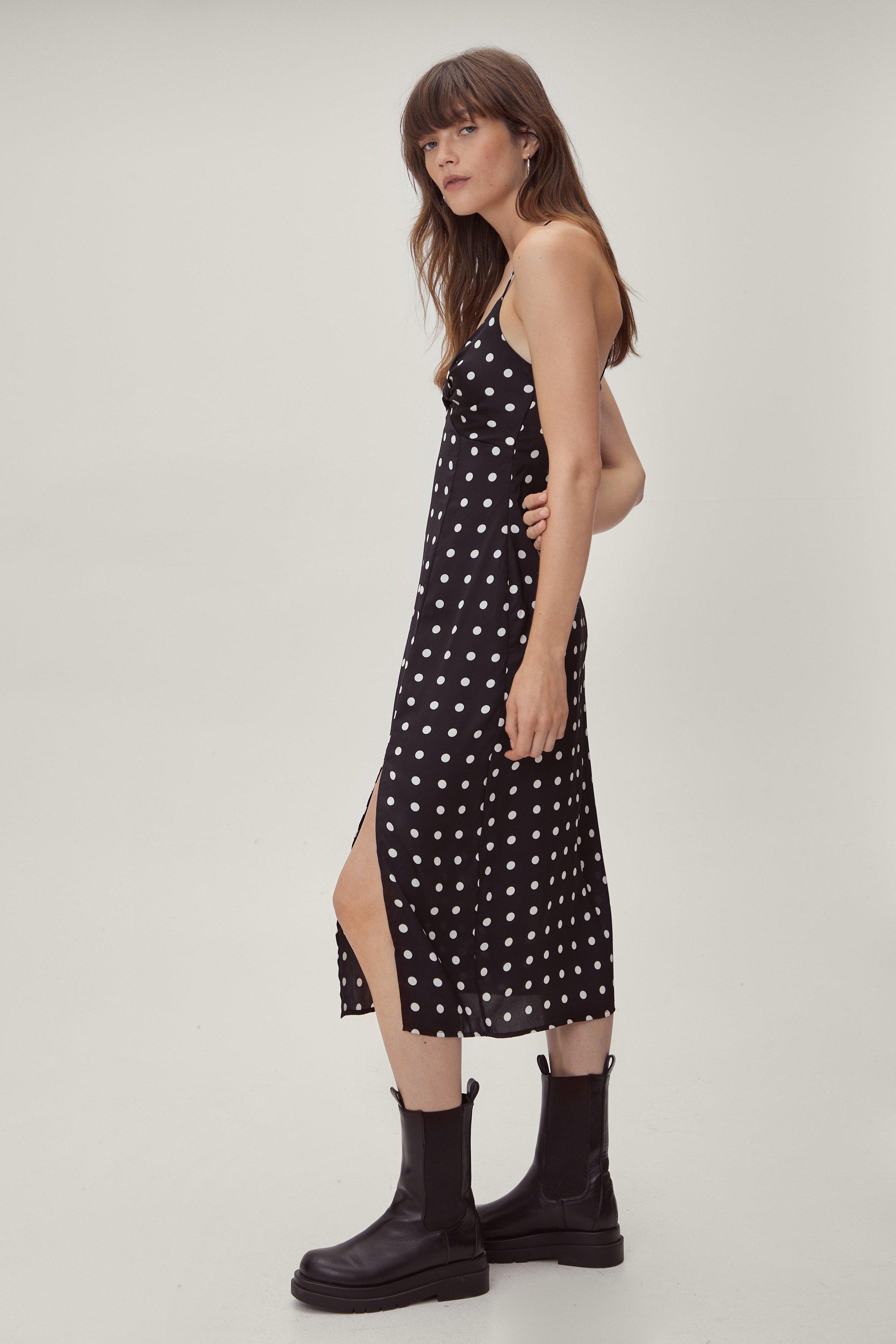 Women s Twist Front Polka Midi Slip Dress Boohoo UK