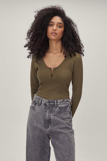 Notch Neck Ribbed Long Sleeve Top olive