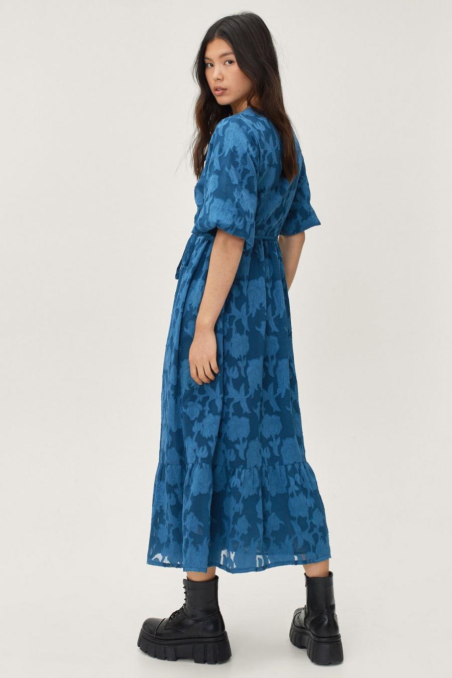 Blue Jacquard Floral Print Midi Wrap Dress image number 1