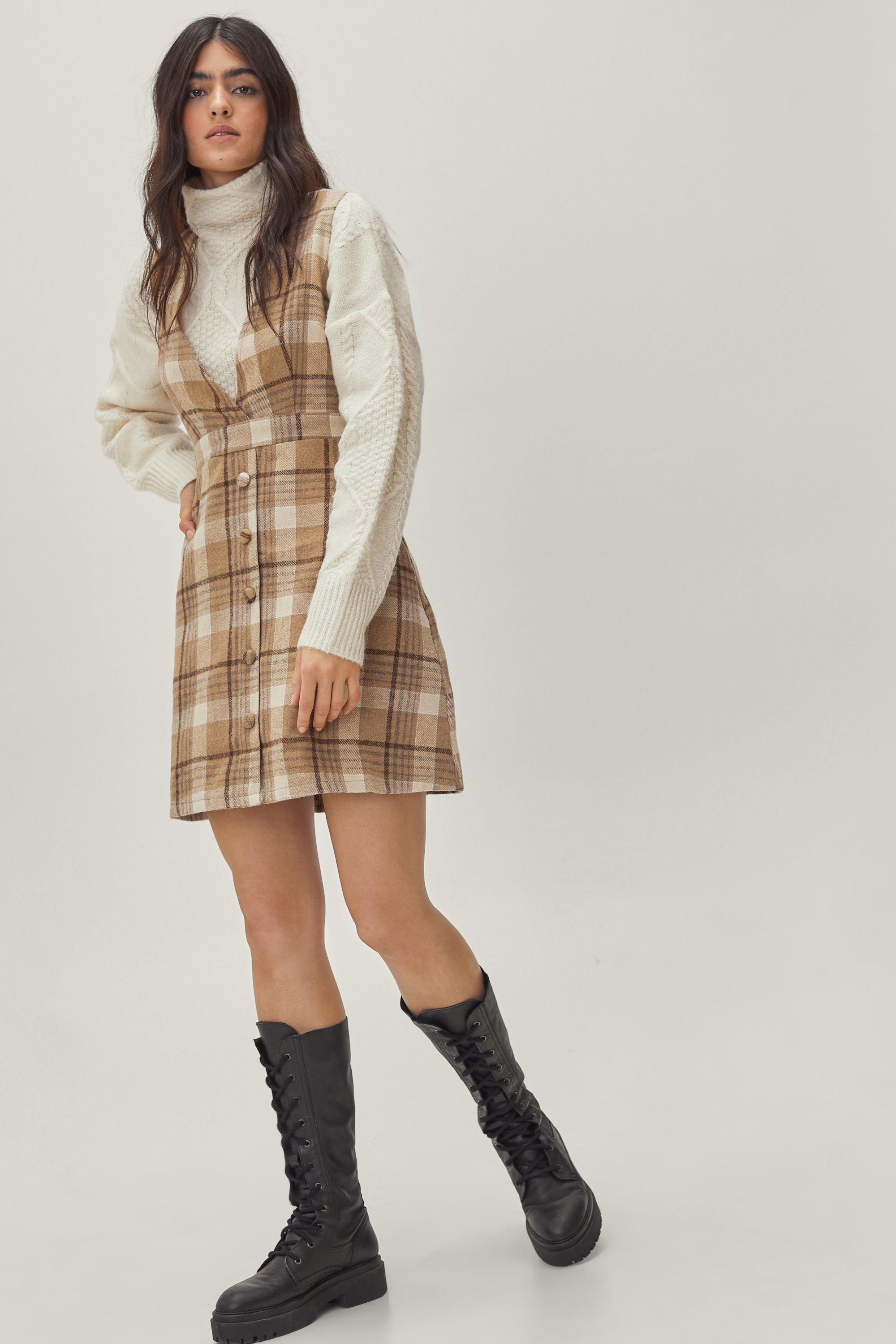 Camel check shop pinafore dress