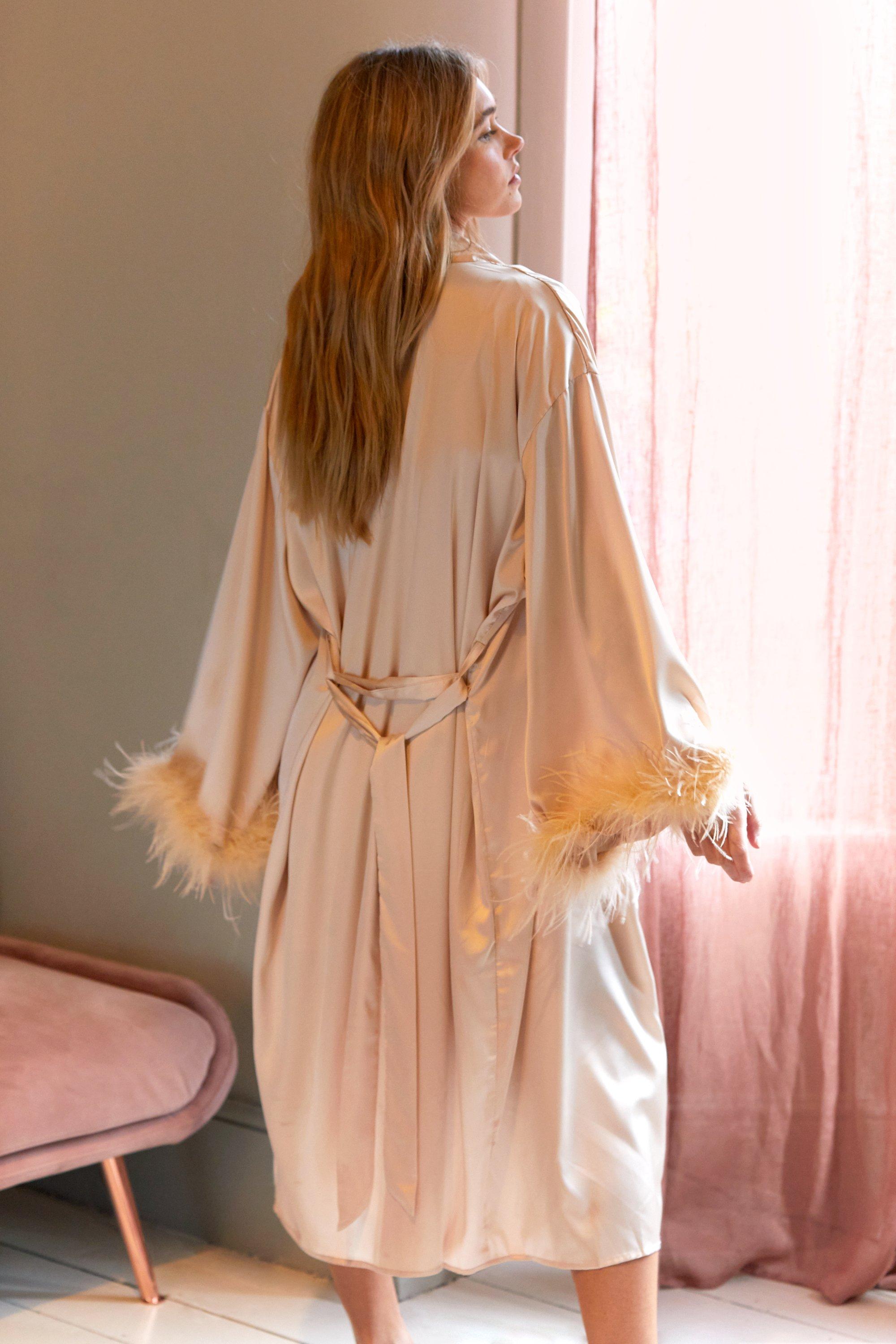 Feather Trim Satin Longline Dressing Gown boohoo UK