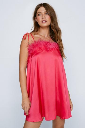 Feather Trim Satin Nighty Slip Dress pink