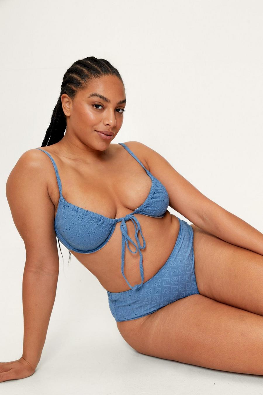 Petrol grey Plus Size Broderie Underwire Tie Front Bikini Set image number 1
