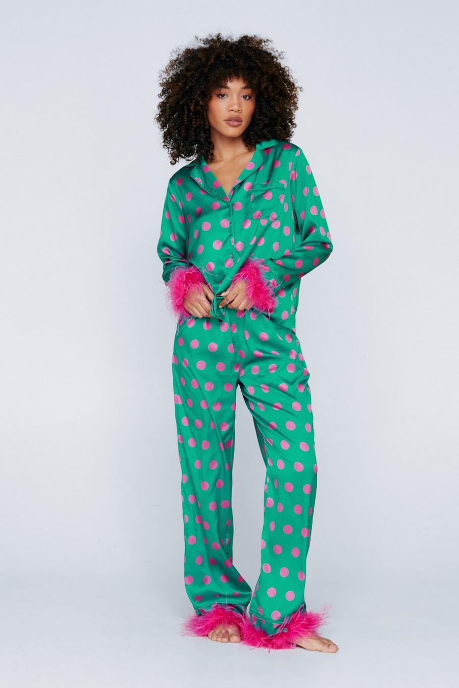 Green Polka Dot Feather Trim Pyjama Set image number 1