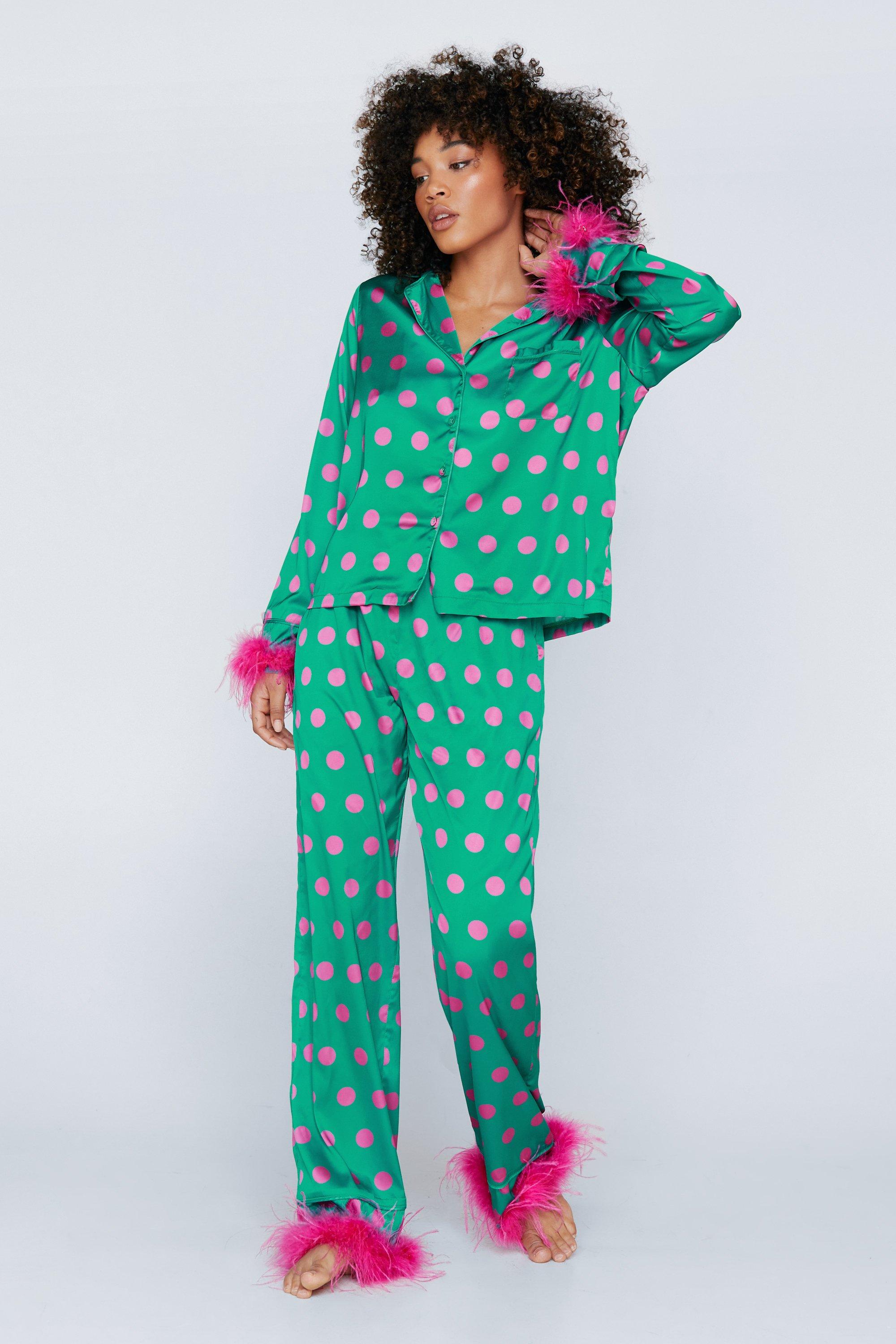 Women's Polka Dot Feather Trim Pyjama Set