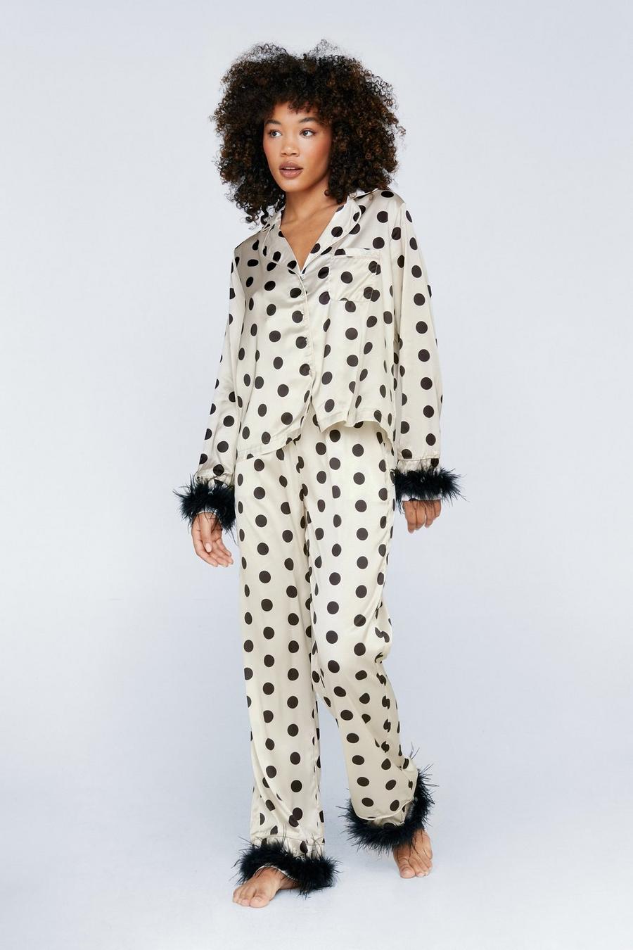Ivory Polka Dot Feather Trim Pyjama Set
