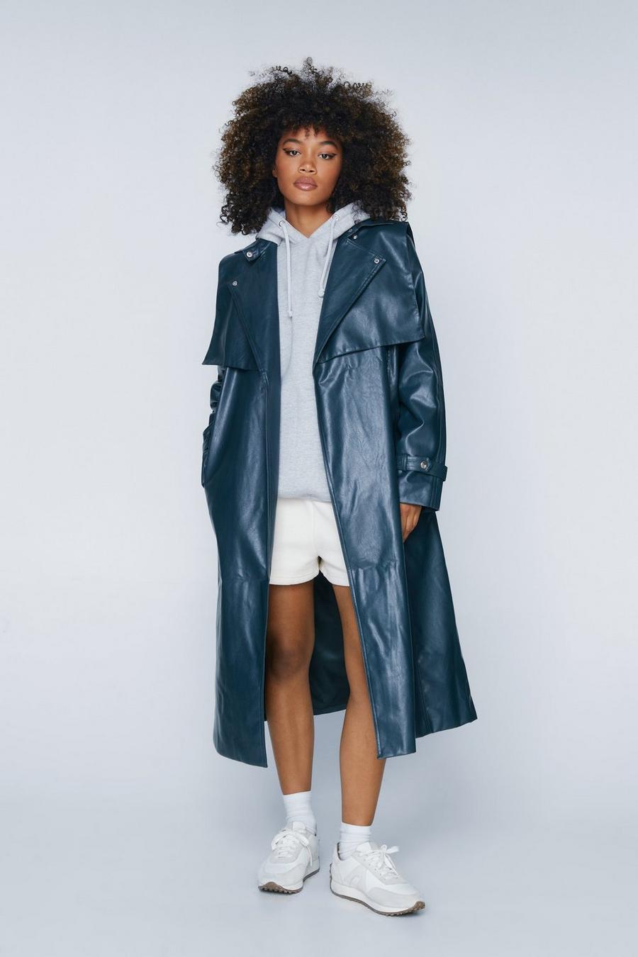 Navy Belted Faux Leather Denim Coat