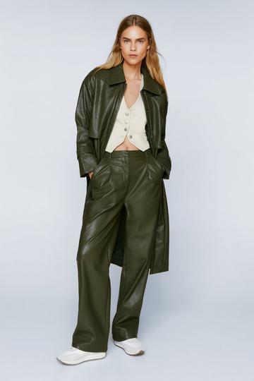 Olive Green Premium Faux Leather Pleated Straight Leg Pants