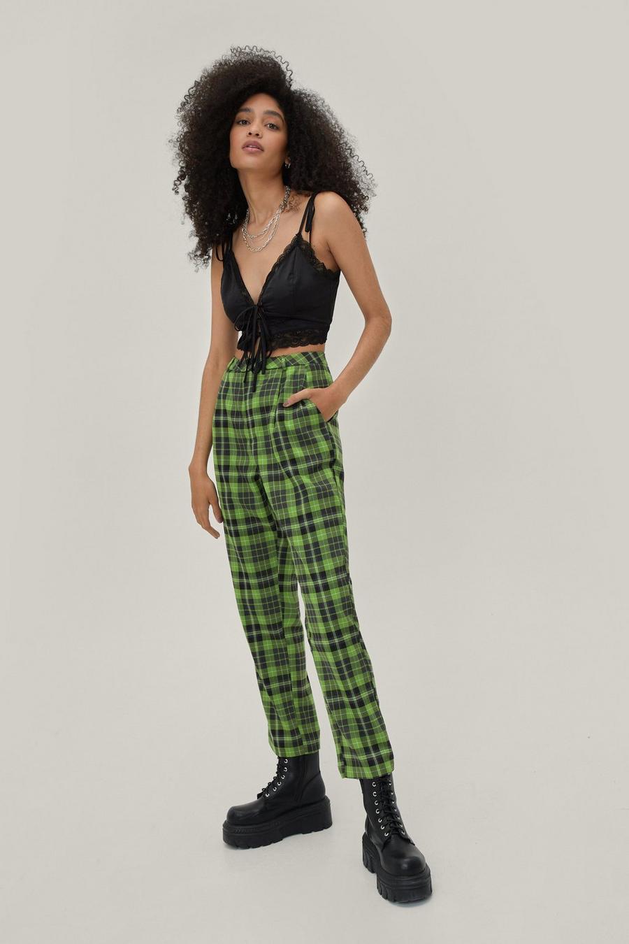 Green Check Pleated Tapered Trousers image number 1