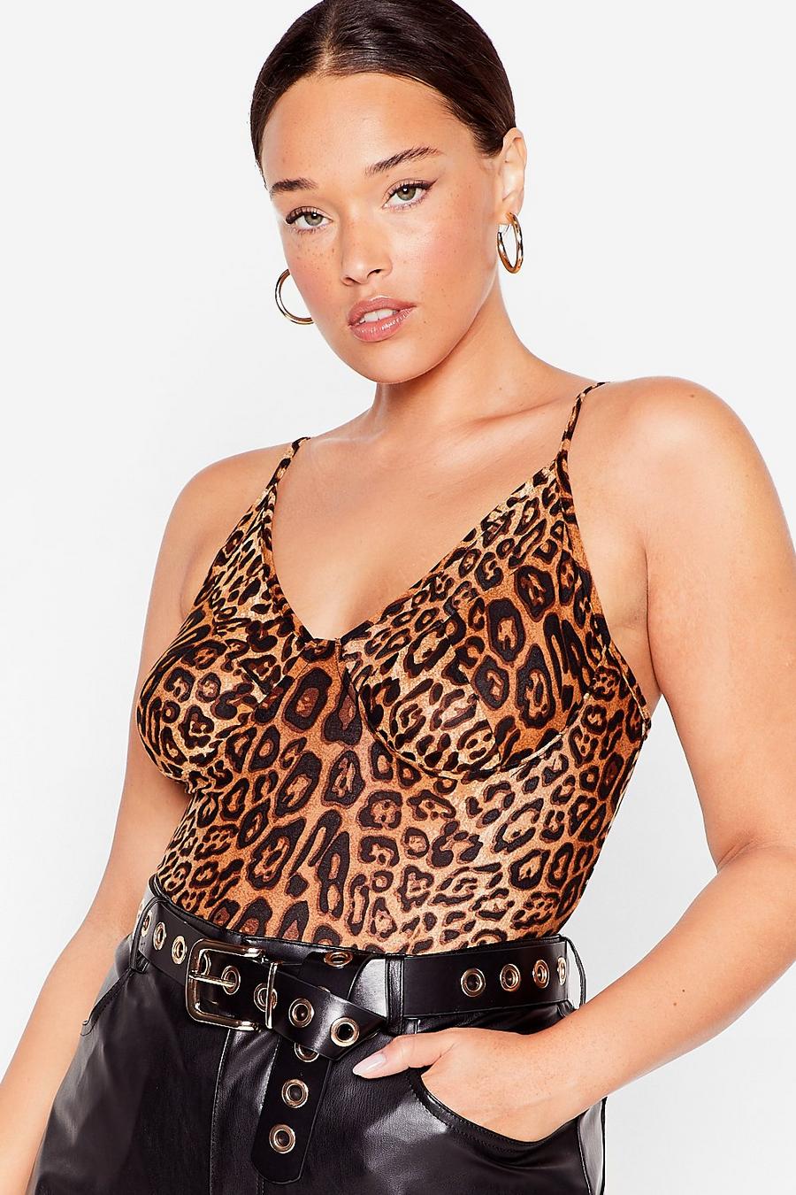 Brown Plus Size Leopard Cut Out Bodysuit