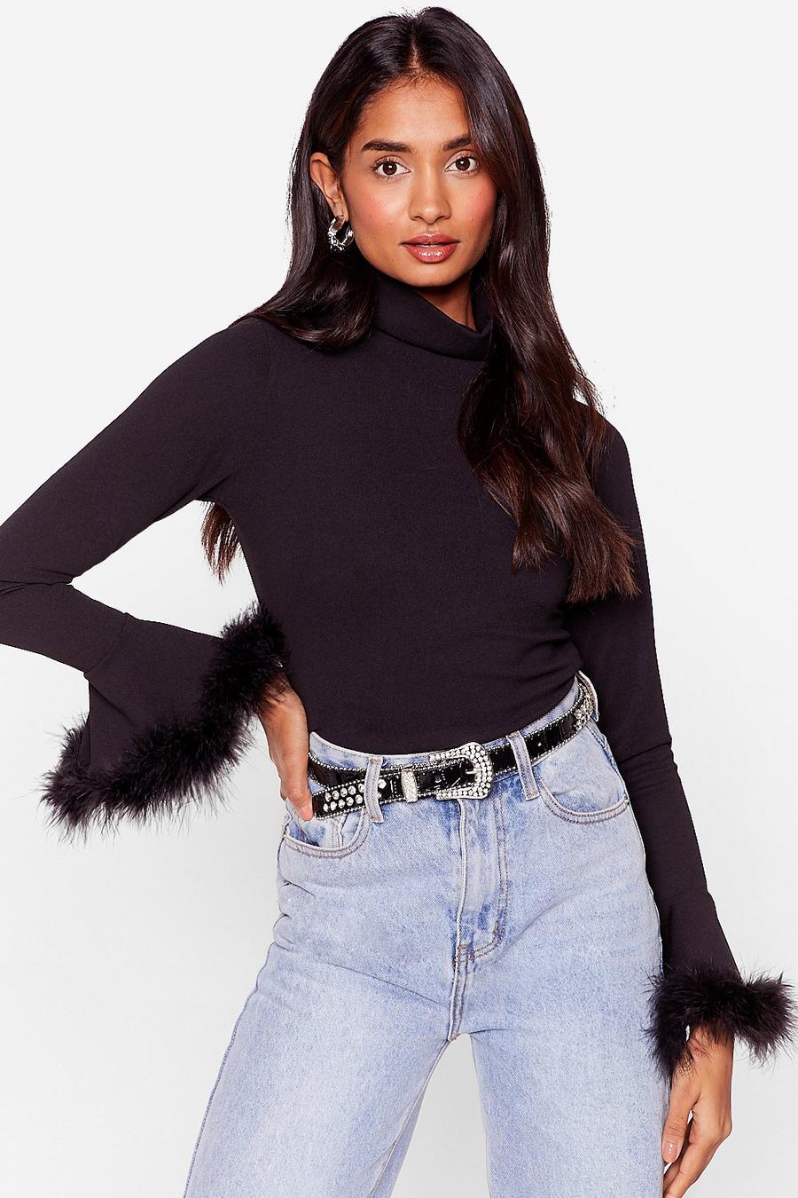 Black Feather Trim High Neck Fitted Top