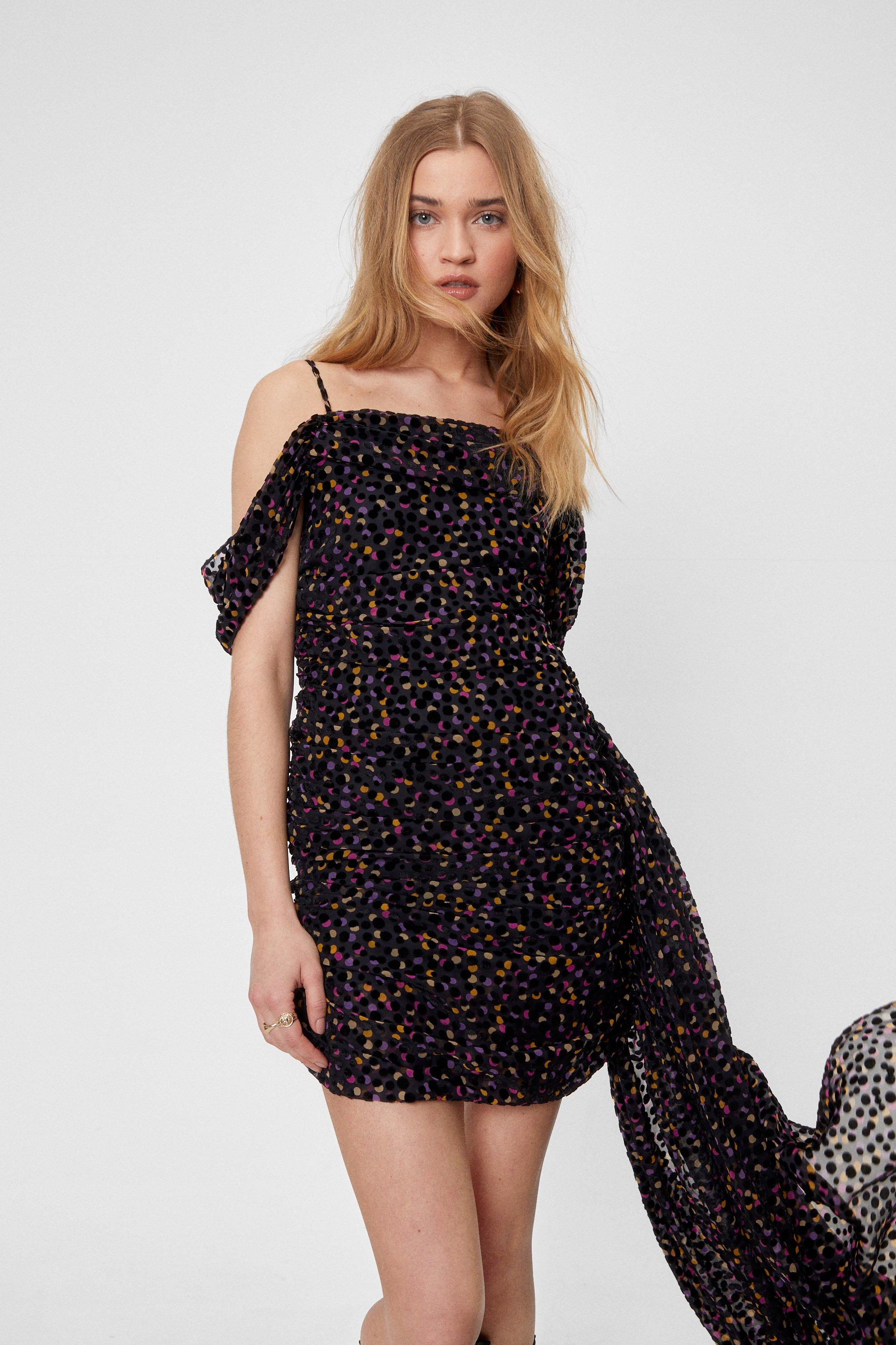 Polka Dot Cold Shoulder Train Mini Dress boohoo UK