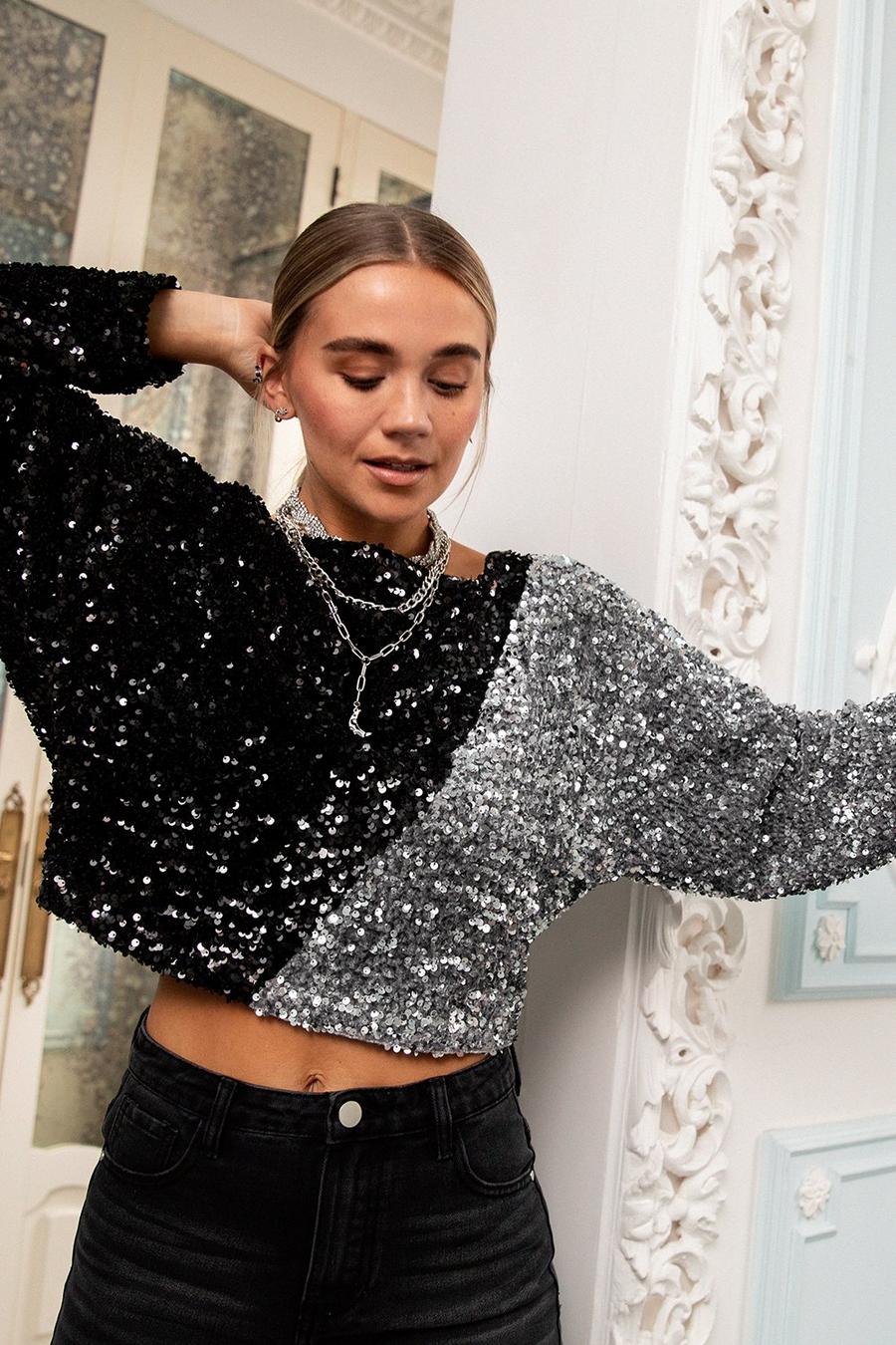 Silver Sequin Us Over Two-Tone Crop Top